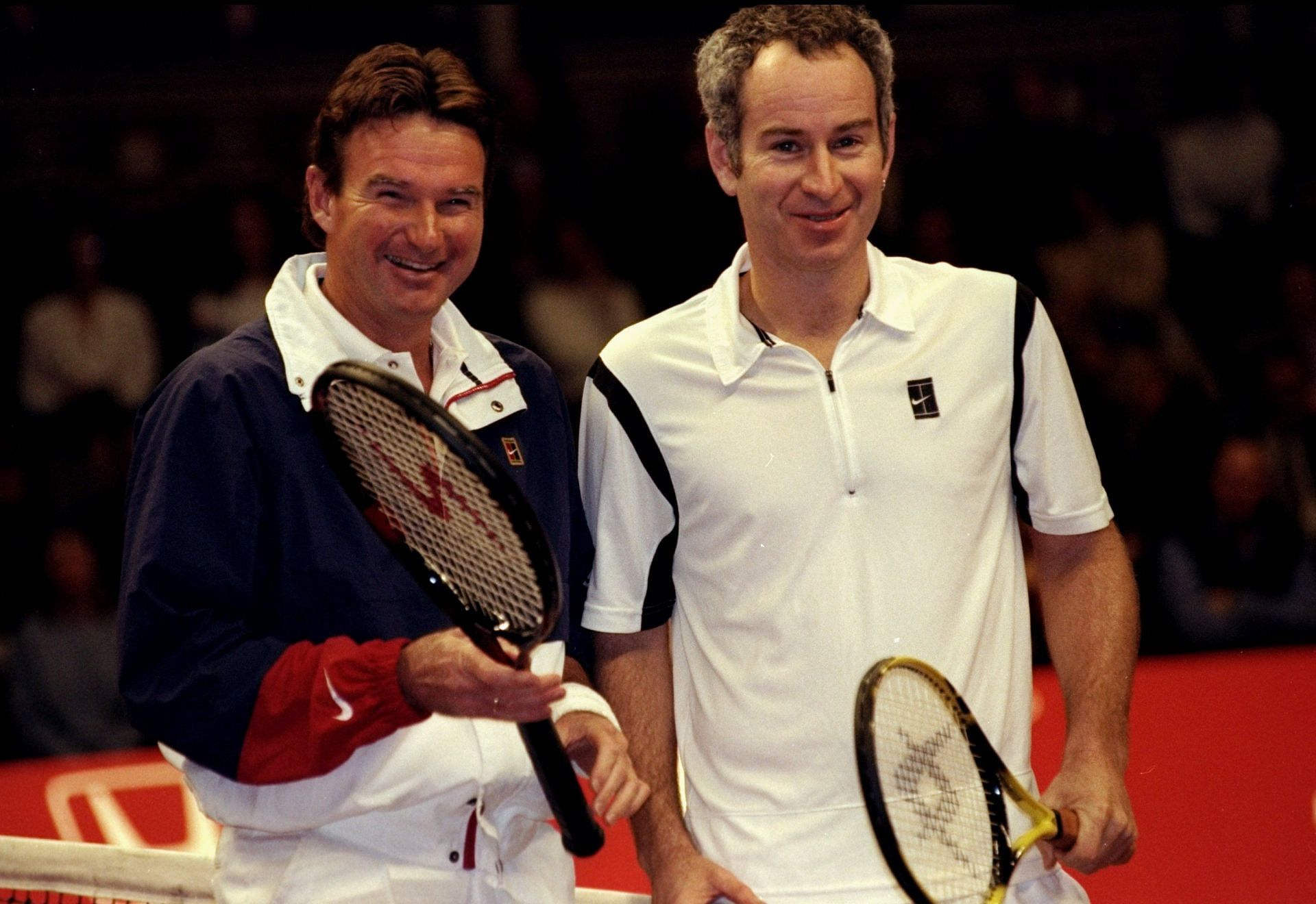 Jimmy Connors (L) and John McEnroe at the ATP Seniors Honda Challenge in London in 1999