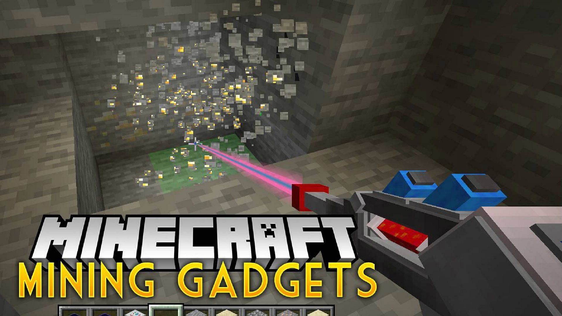 A mining laser makes quick work of a gold deposit (Image via 9Minecraft)
