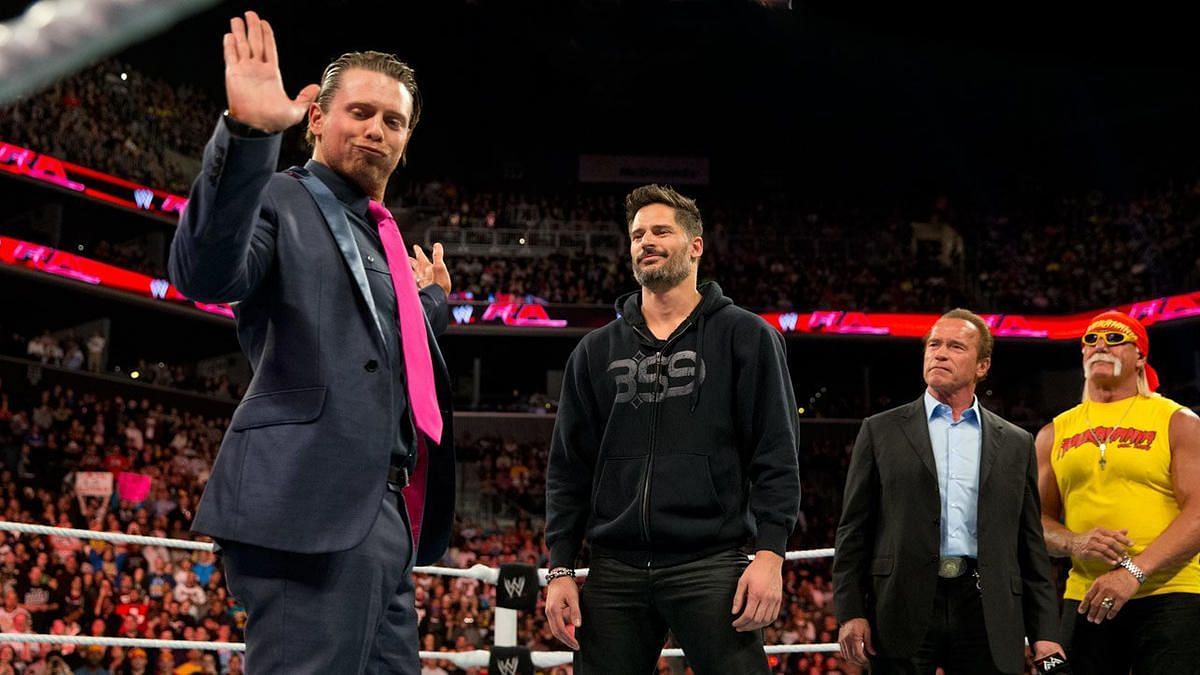 Arnold Schwarzenegger, Hulk Hogan, Joe Manganiello and The Miz (Image via WWE)