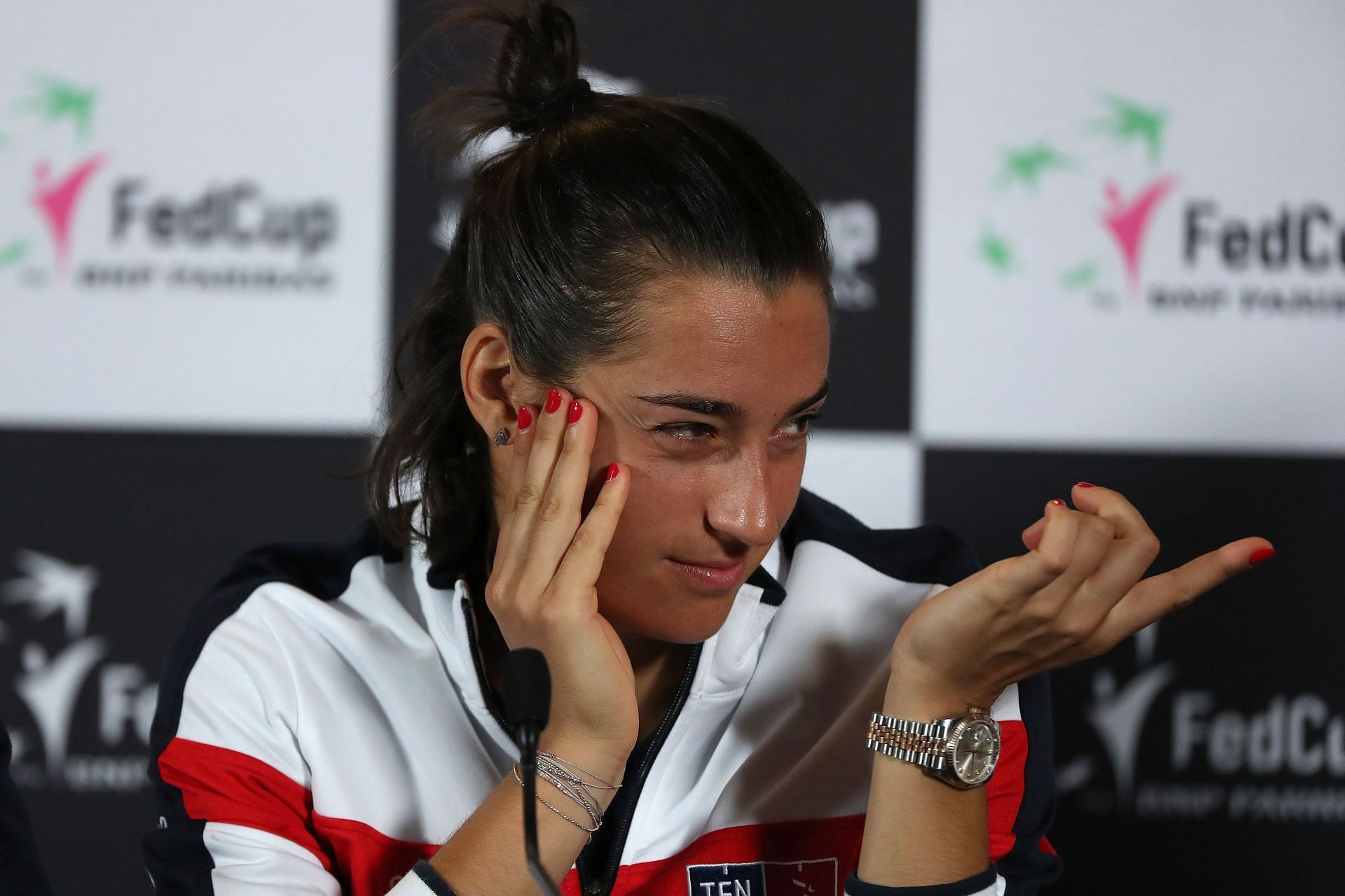 Caroline Garcia pictured during a press conference at the 2019 Fed Cup Final.