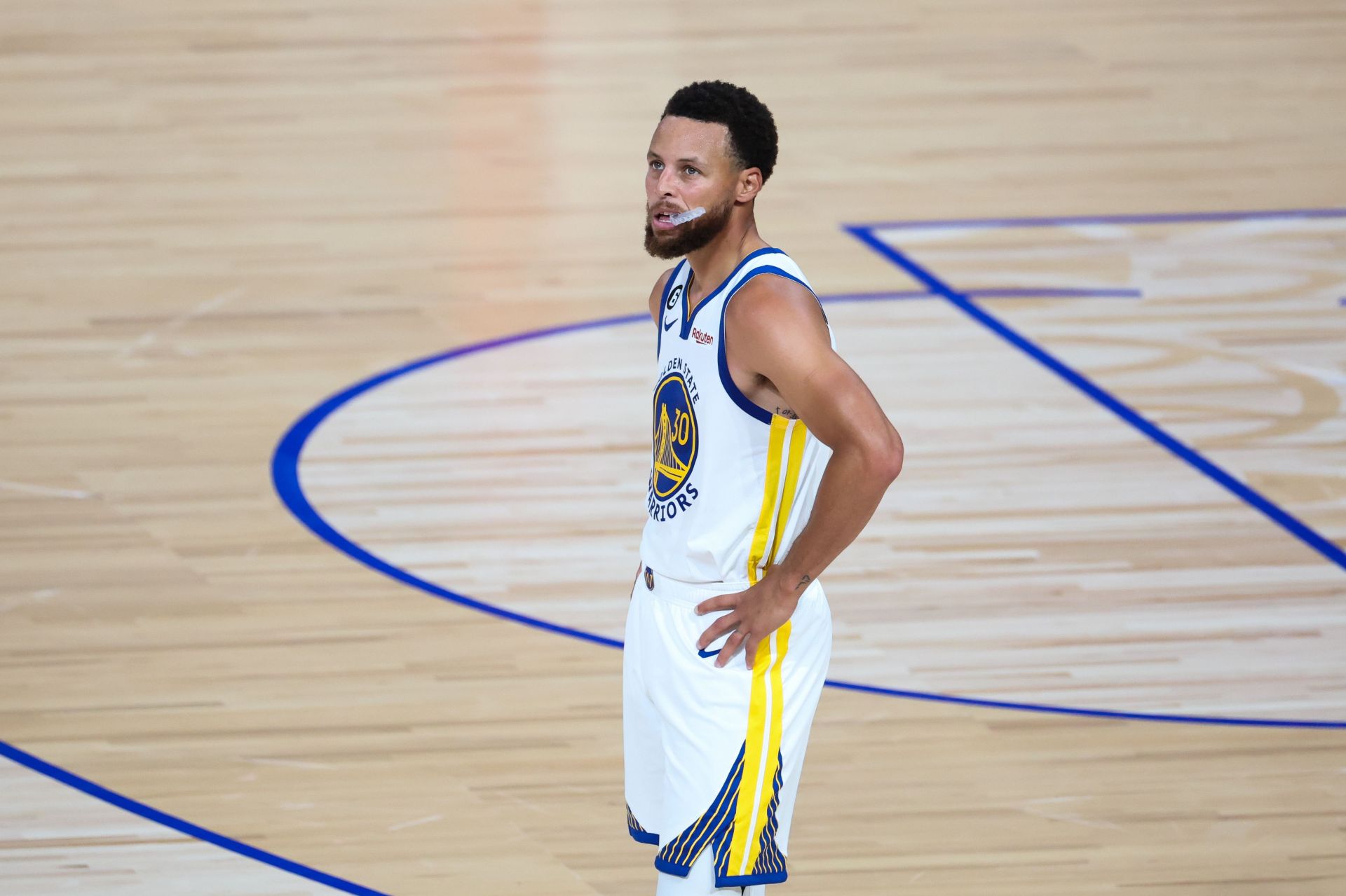 Steph Curry of the Golden State Warriors looks on during the NBA Japan Games