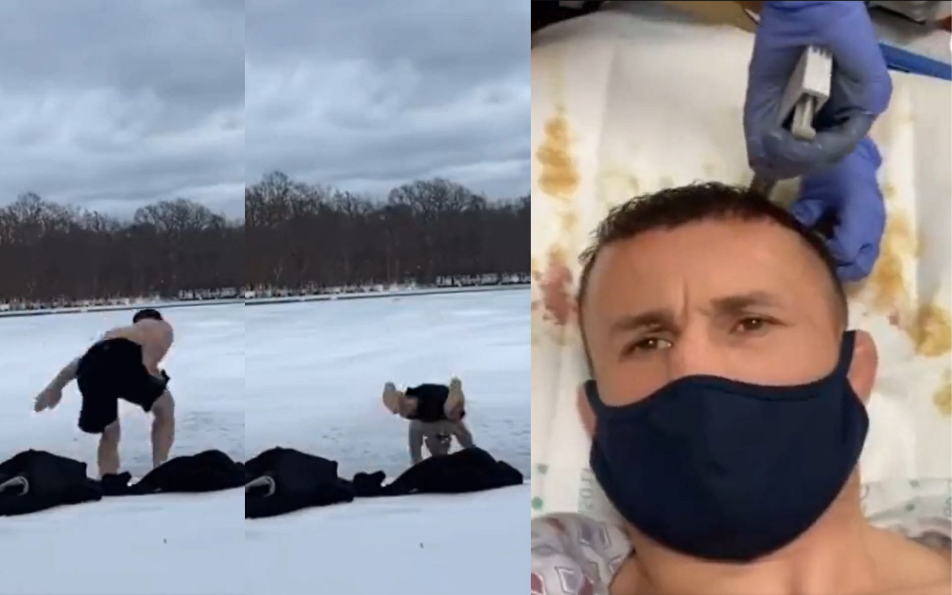 Merab Dvalishvili jumping into frozen lake (left and middle) and Dvalishvili getting staples in his head (right)[Images courtesy: @dovysimumma on Twitter]