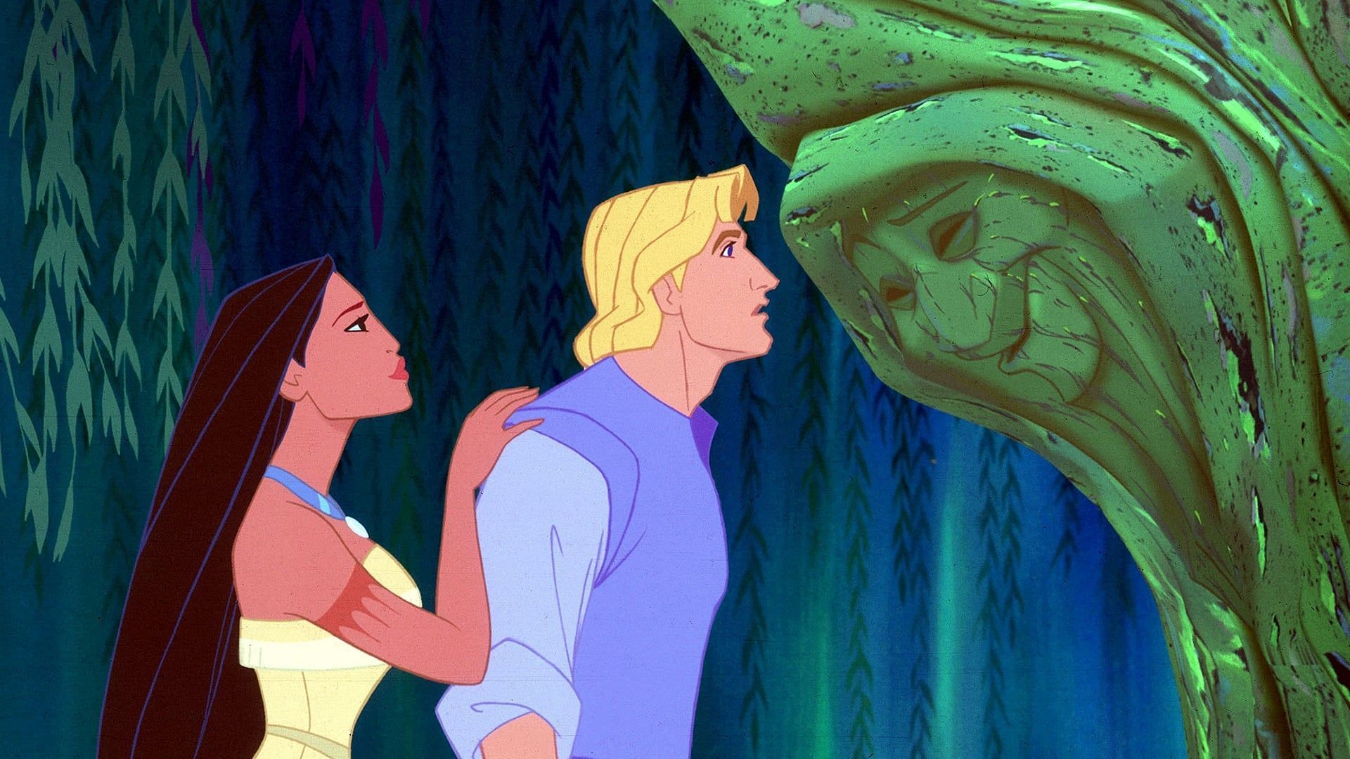 Pocahontas and John Smith talking to Grandmother Willow (Image via Disney)