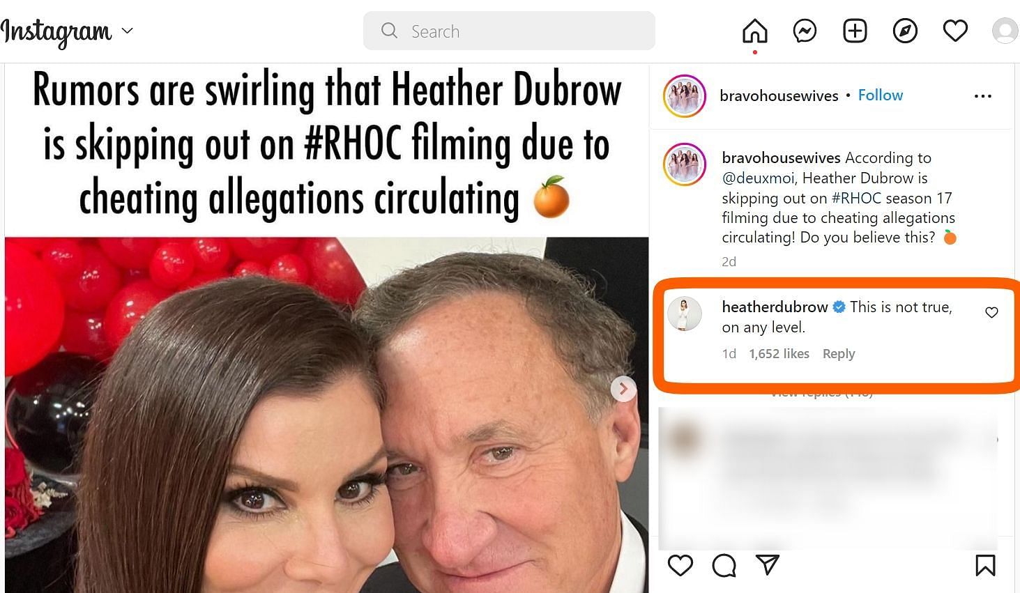 Heather commented on Instagram to refute the cheating rumors (Image via Instagram/bravohousewives)