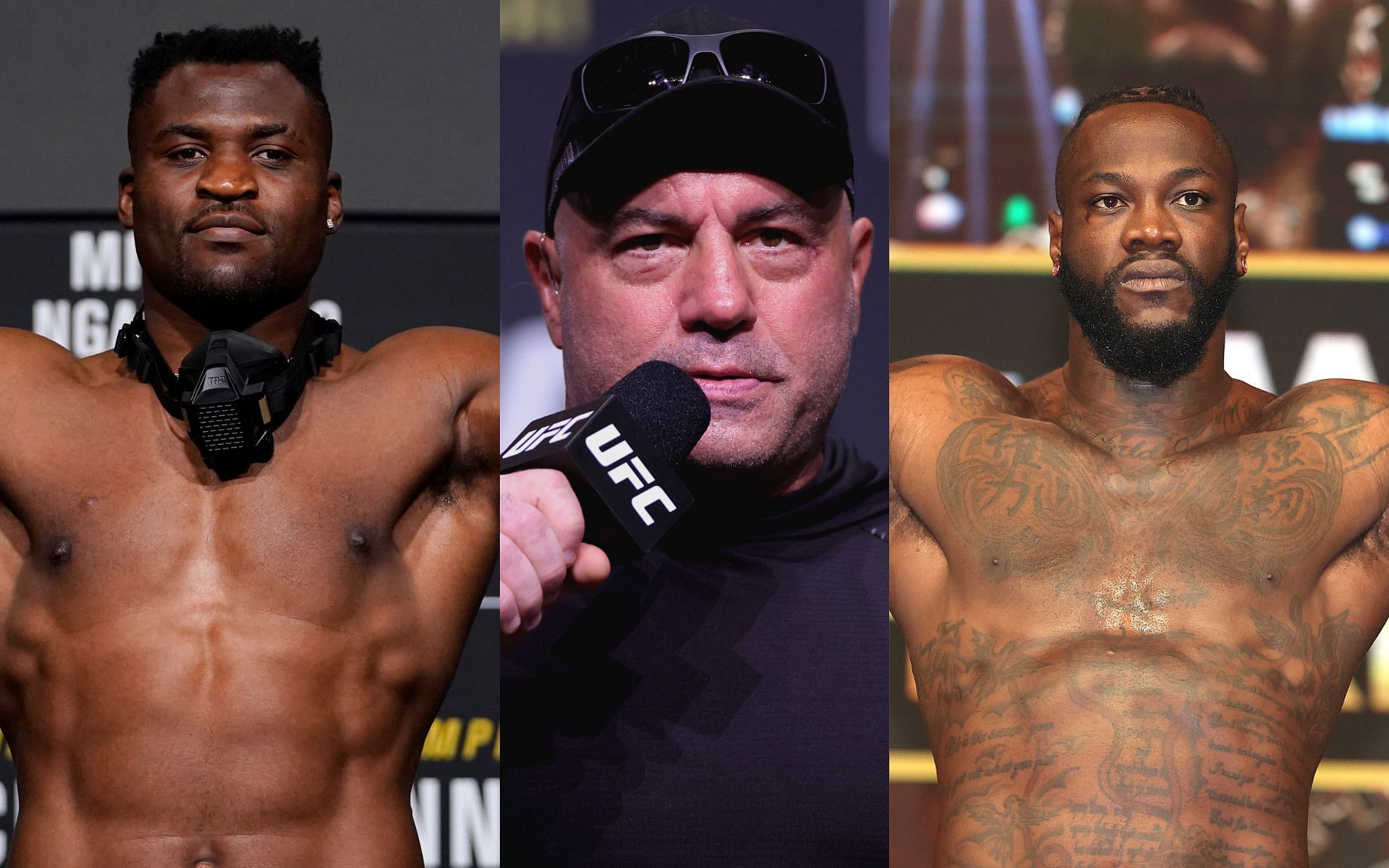 Francis Ngannou (left), Joe Rogan (center), and Deontay Wilder (right). [Images courtesy: Getty Images]