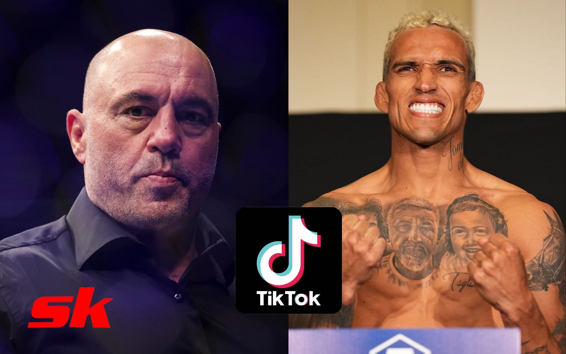 Joe Rogan (left), TikTok logo (center), Charles Oliveira (right - via @ufc)