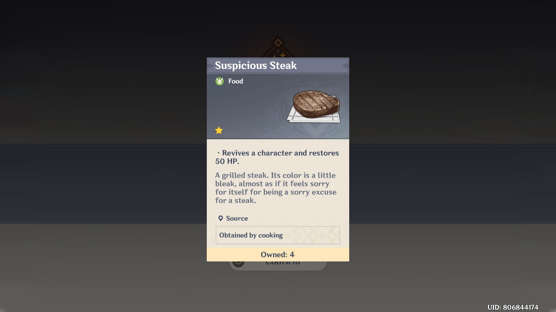 Suspicious steaks received upon completion of this quest (Image via Genshin Impact/HoYoverse)