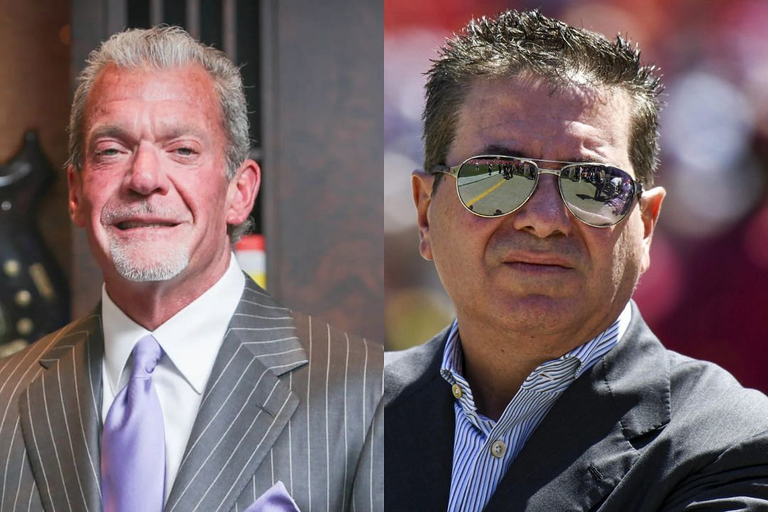 Colts owner Jim Irsay (l) shares thoughts on Commanders owner Daniel Snyder (r)
