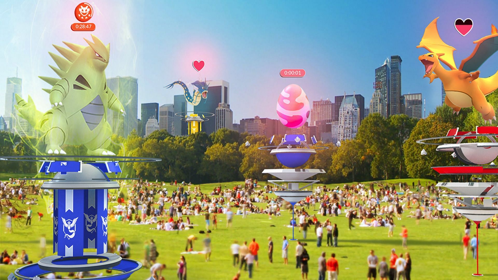 Official artwork for Pokemon GO showcasing Raids and Gyms (Image via Niantic)