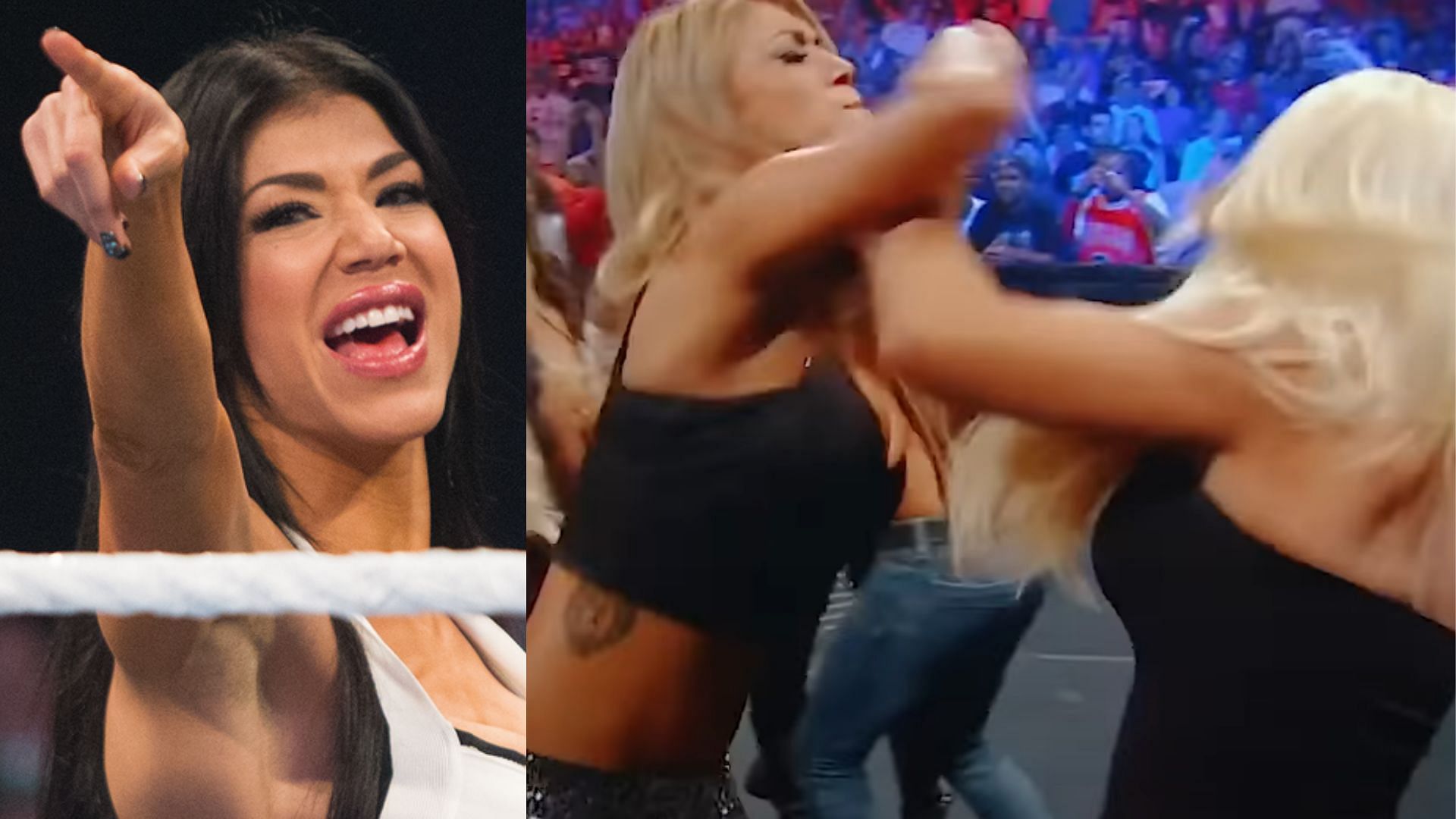 Rosa Mendes (left); Mendes and Jillian Hall (right)