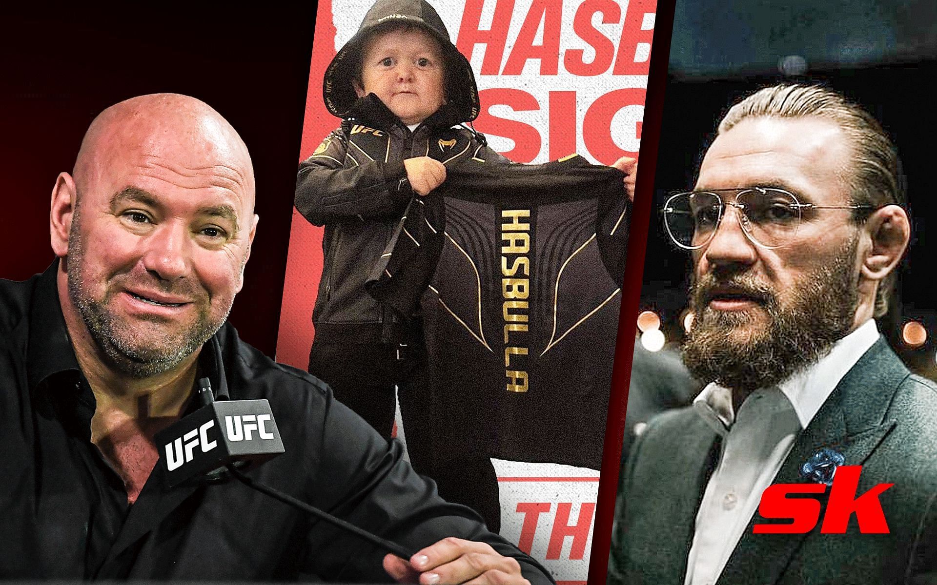 Dana White (Left), Hasbulla (Middle), Conor McGregor (Right) [Image courtesy: Getty, @hasbulla.hushetskiy, @thenotoriousmma on Instagram]