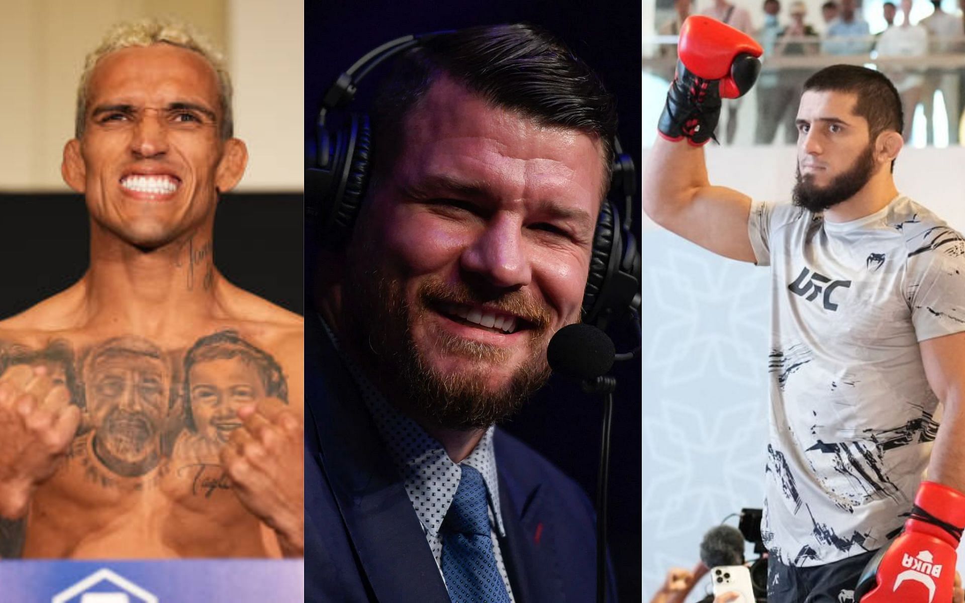 Charles Oliveira (left), Michael Bisping (middle) and Islam Makhachev (right)
