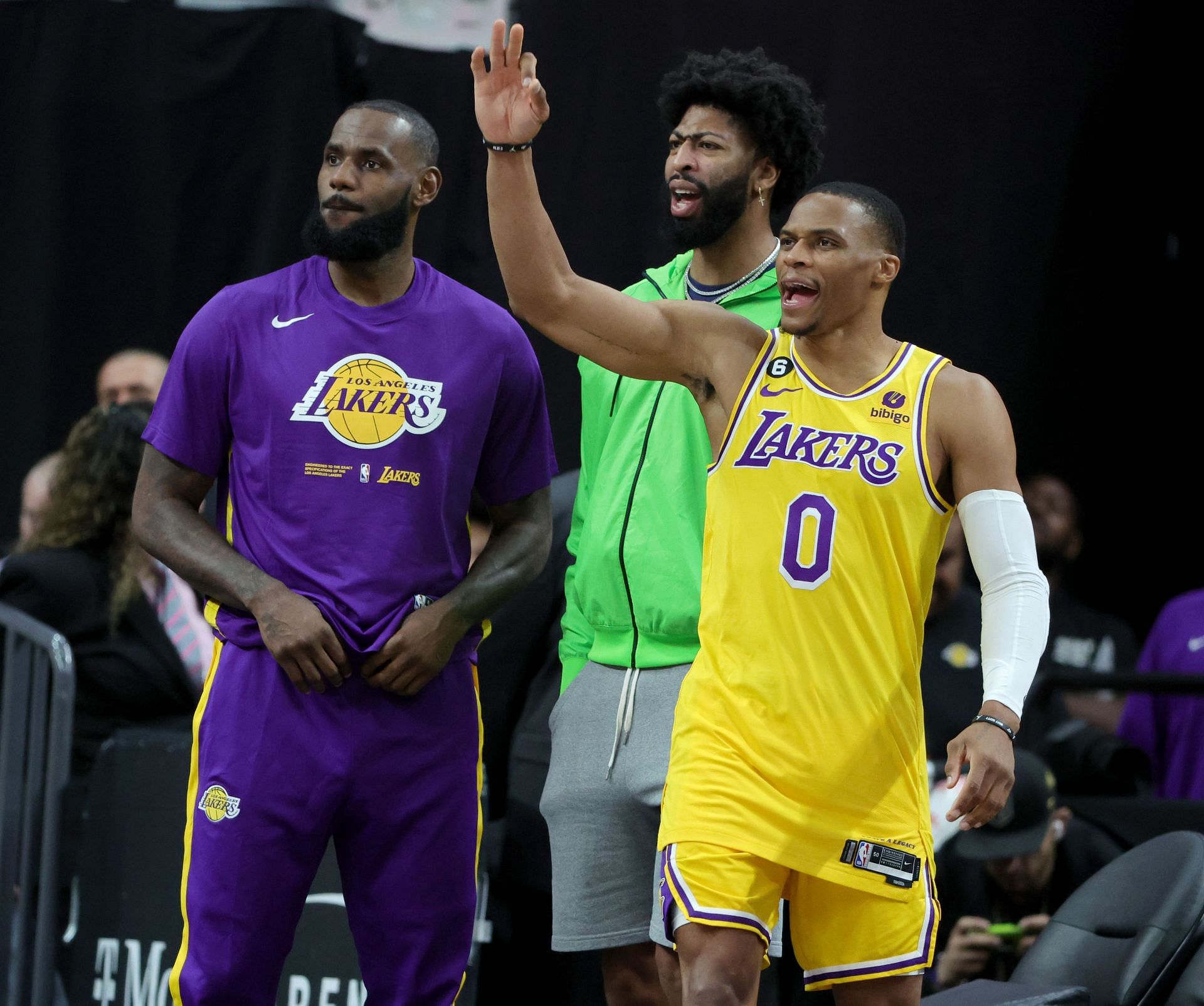 (L-R) LeBron James, Anthony Davis, and Russell Westbrook of the Los Angeles Lakers