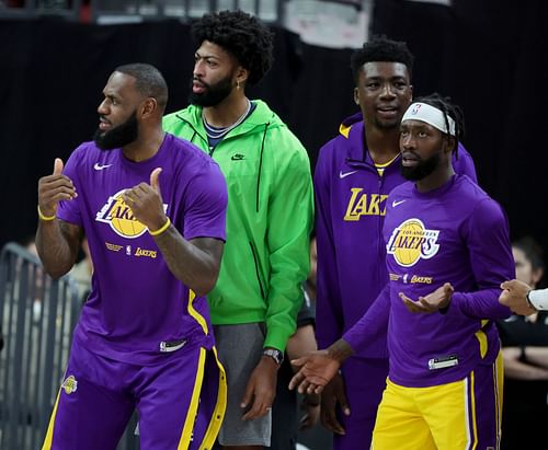 (L-R) LeBron James, Anthony Davis, Thomas Bryant and Patrick Beverley of the Los Angeles Lakers