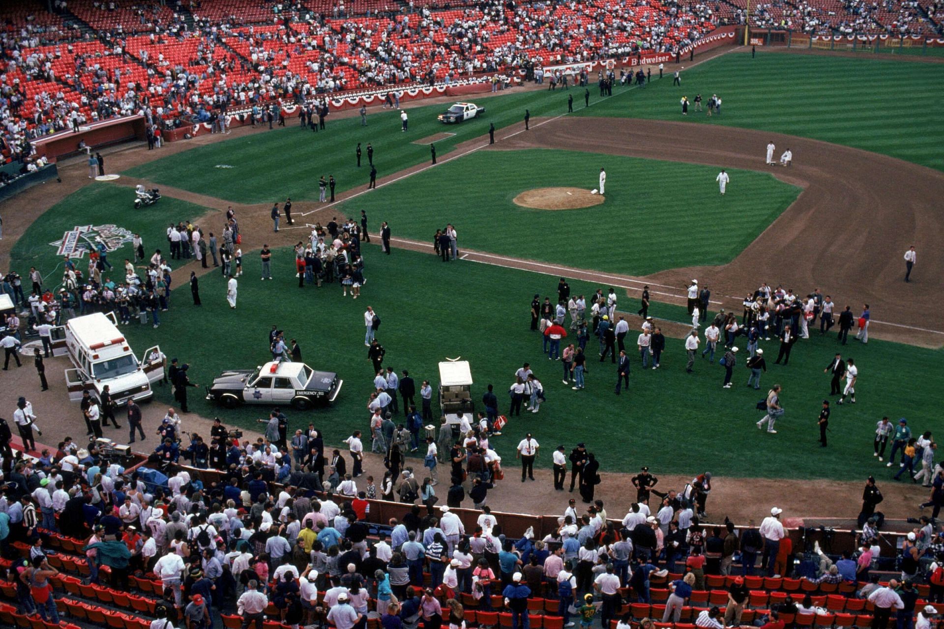 The 1989 World Series trophy is displayed on the field during a