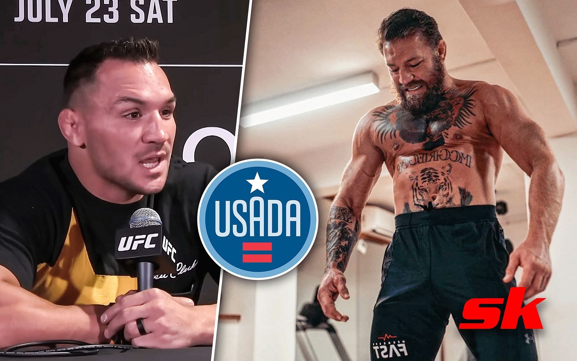 Michael Chandler (Left) and Conor McGregor (Right) [Images via: Chandler from TheMacLife | YouTube, @thenotoriousmma on Instagram, and logo from usada.org]
