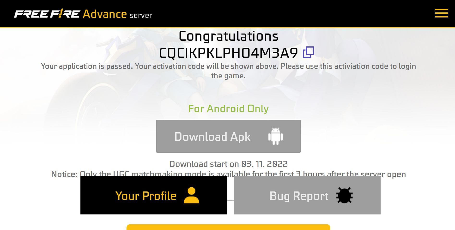 Only selected users will get the Activation Code (Image via Garena)