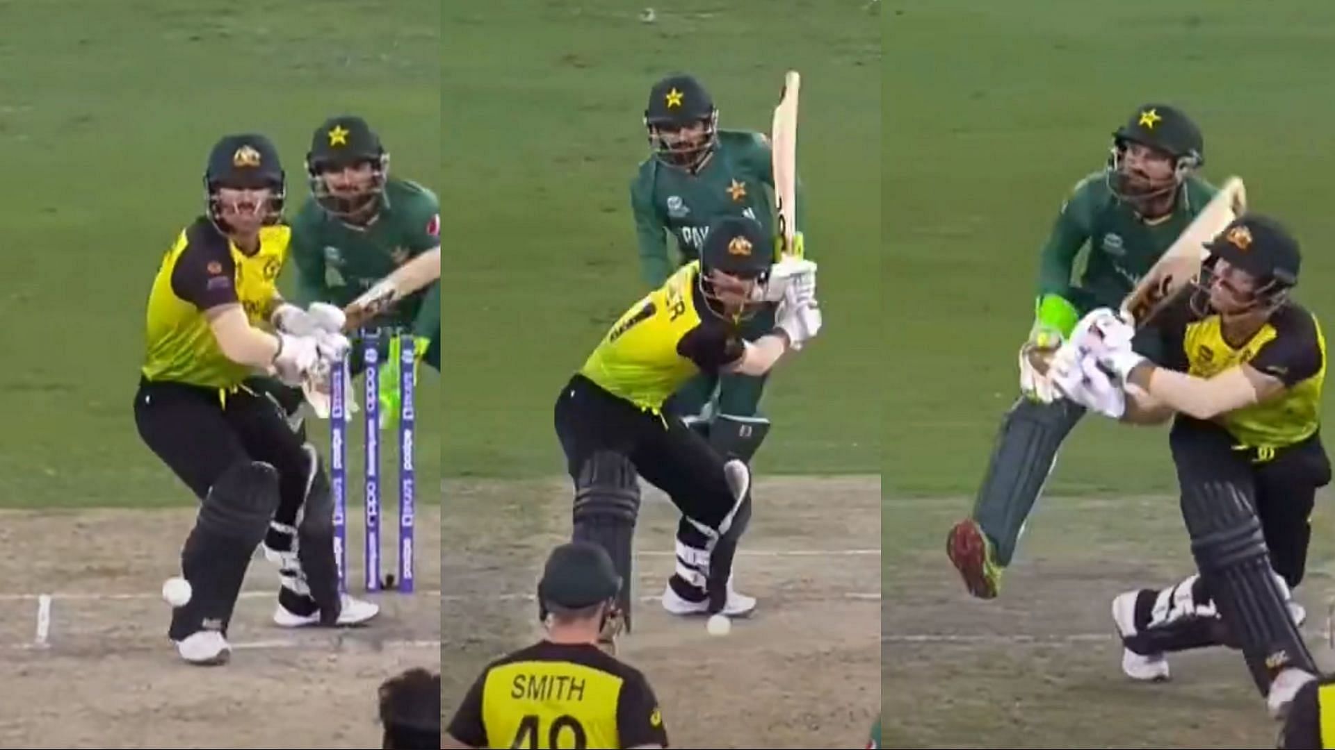 Screenshots of David Warner hitting a six off Mohammad Hafeez during the second semi-final of the ICC T20 World Cup 2021.