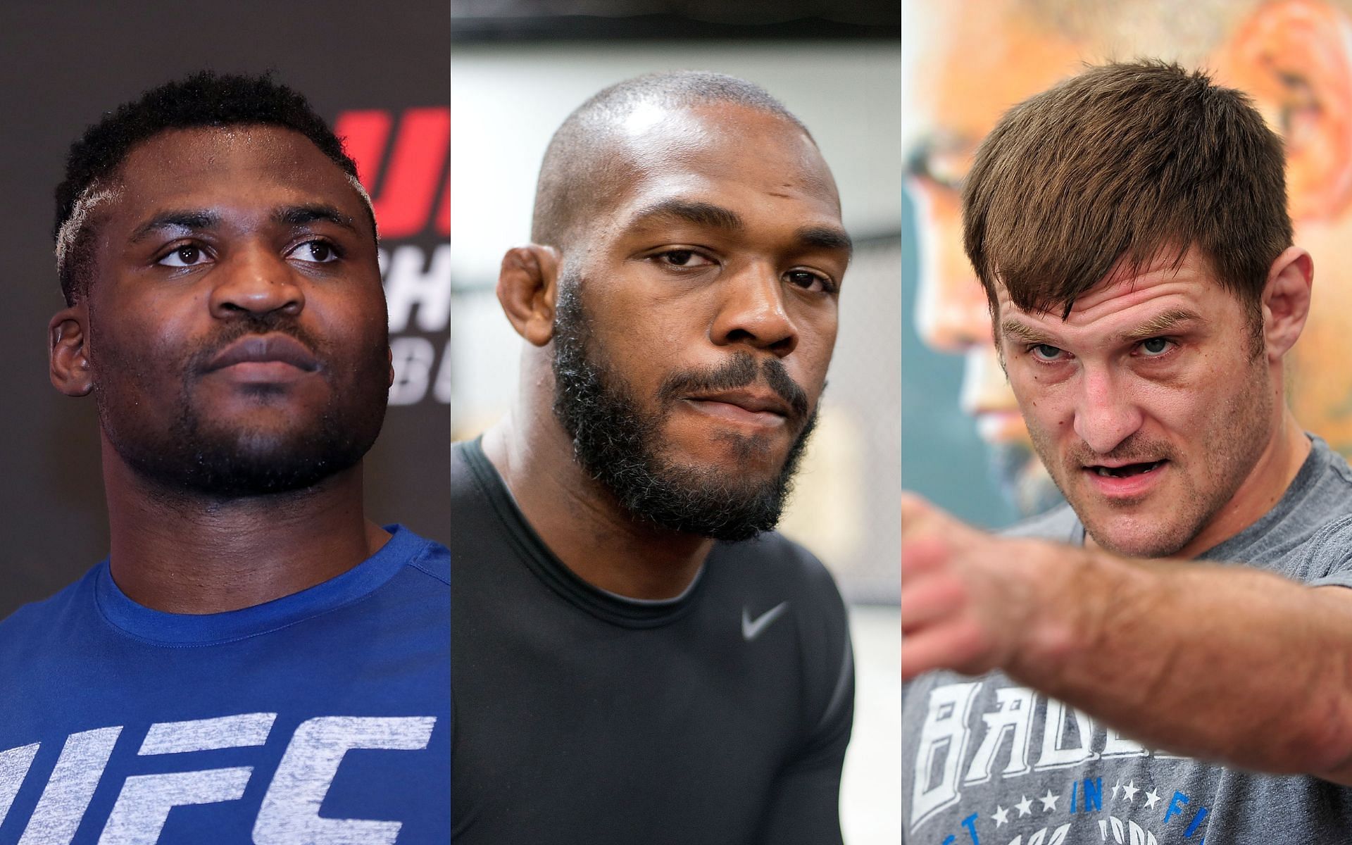 Francis Ngannou (Left), Jon Jones (Middle), and Stipe Miocic (Right)