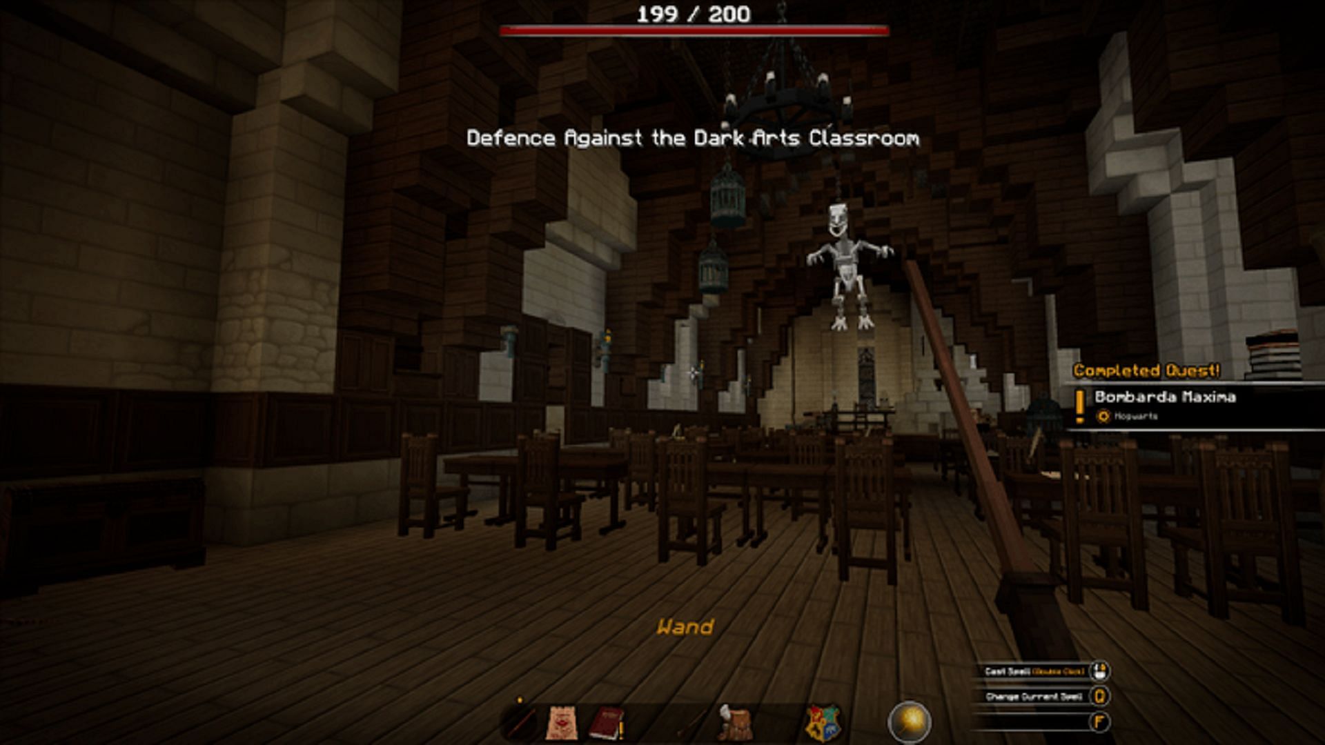 A classroom bossfight in Hogwarts in the Witchcraft and Wizardry adventure map (Image via The Floo Network/Minecraft Maps)