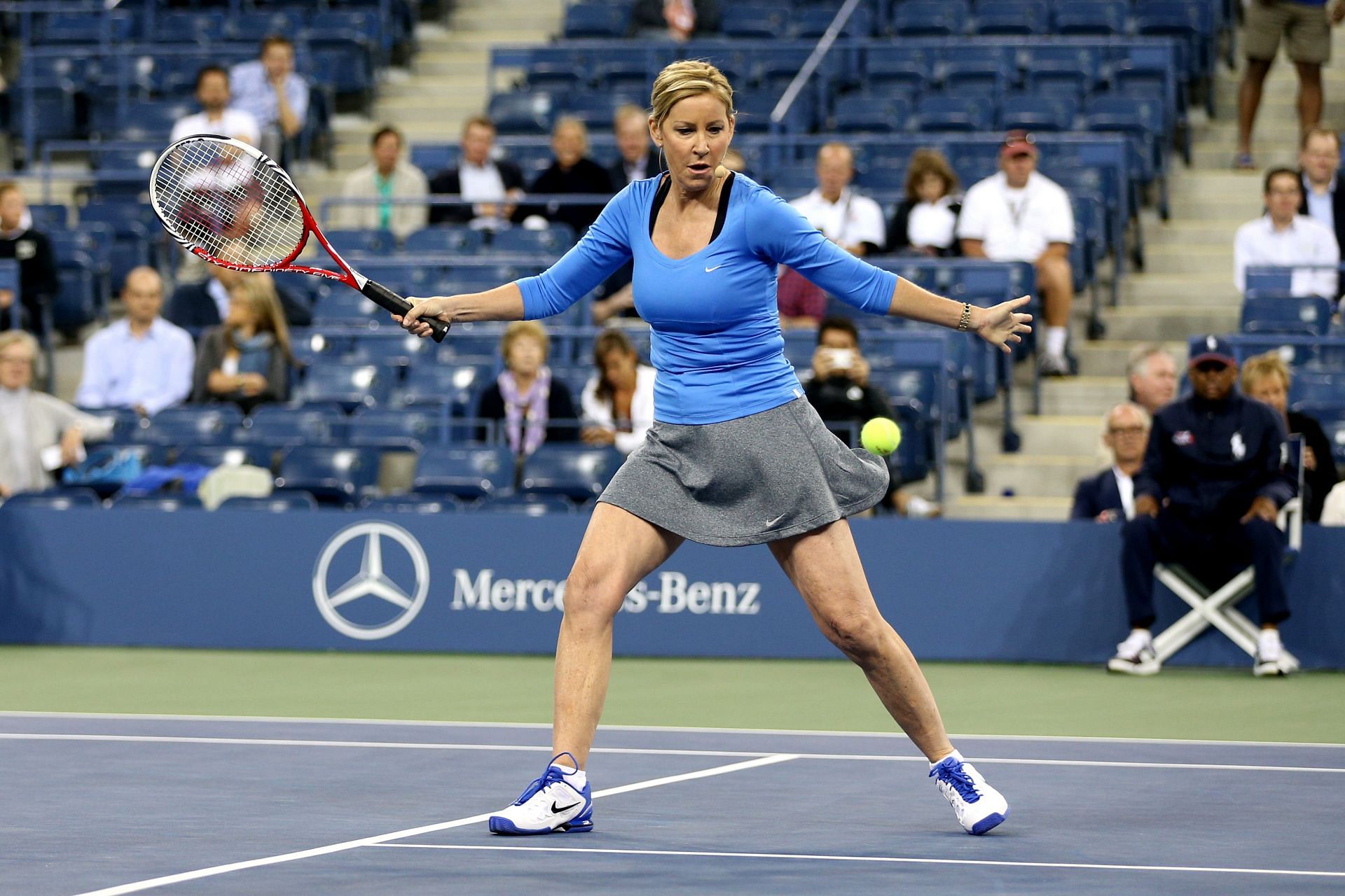 Chris Evert in action during the exhibition match at the 2013 US Open.