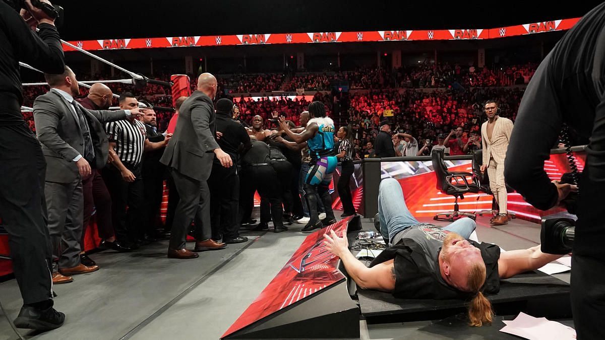 Brock Lesnar was sent through the table by the All Mighty on RAW