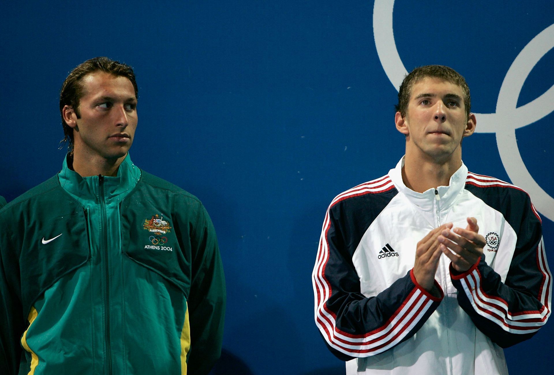 Michael Phelps and Ian Thorpe during the Mens 4x200m Free Relay Medal Ceremony during the 2004 Olympics
