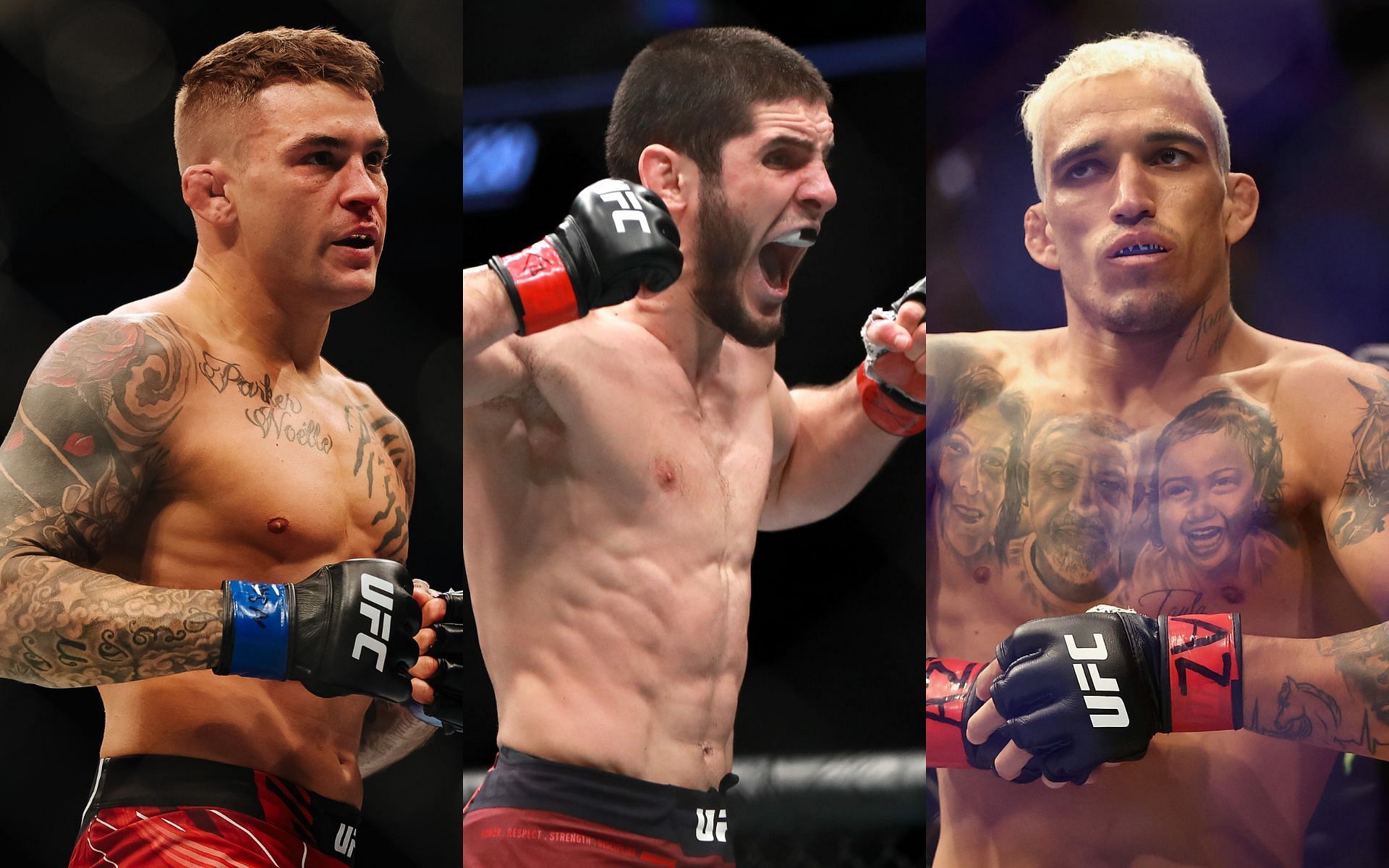 Dustin Poirier (Left), Islam Makhachev (Middle), and Charles Oliveira (Right)
