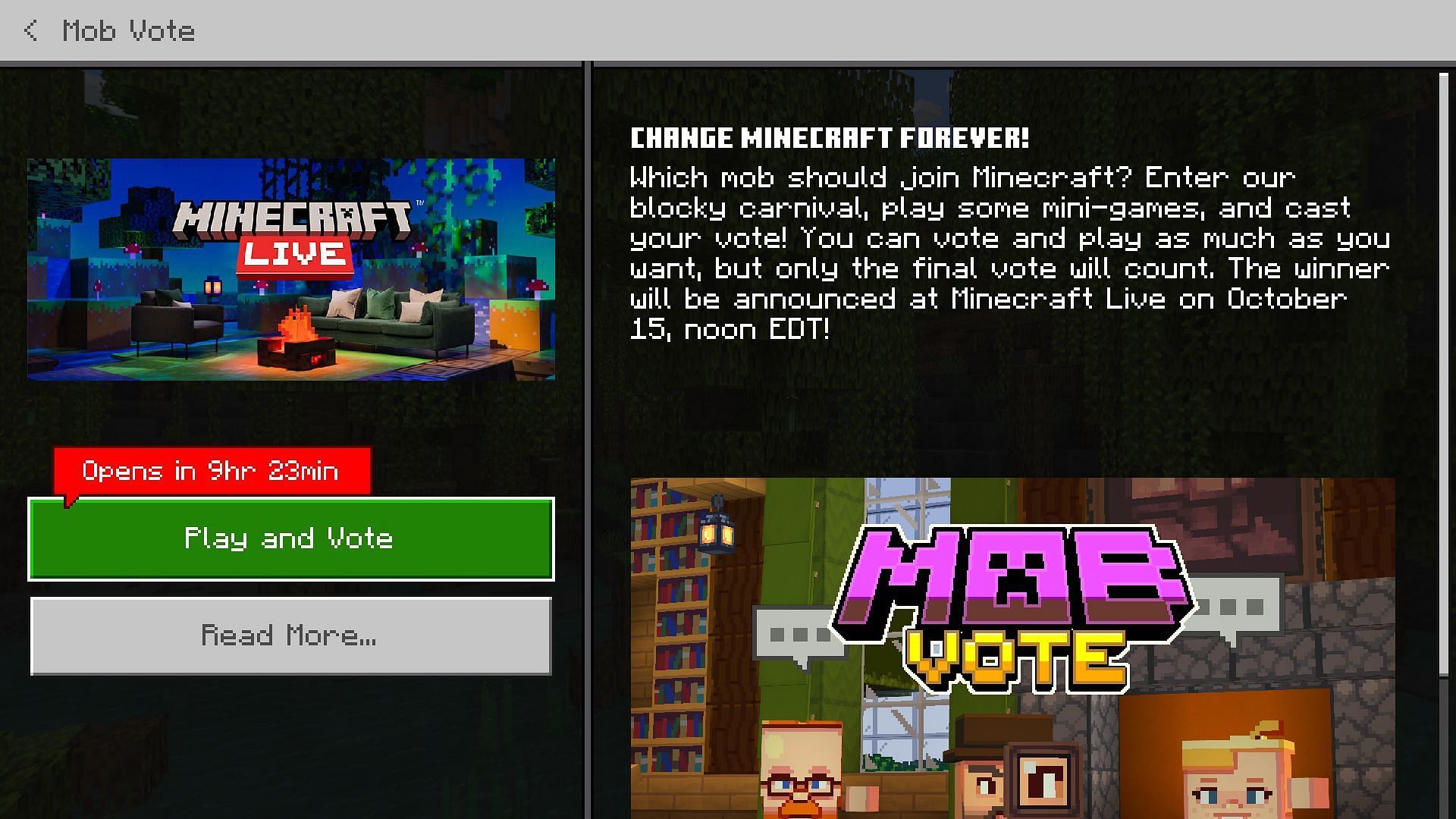 The main page of the mob vote inside Minecraft Bedrock Edition with the button to join the map (Image via Mojang)