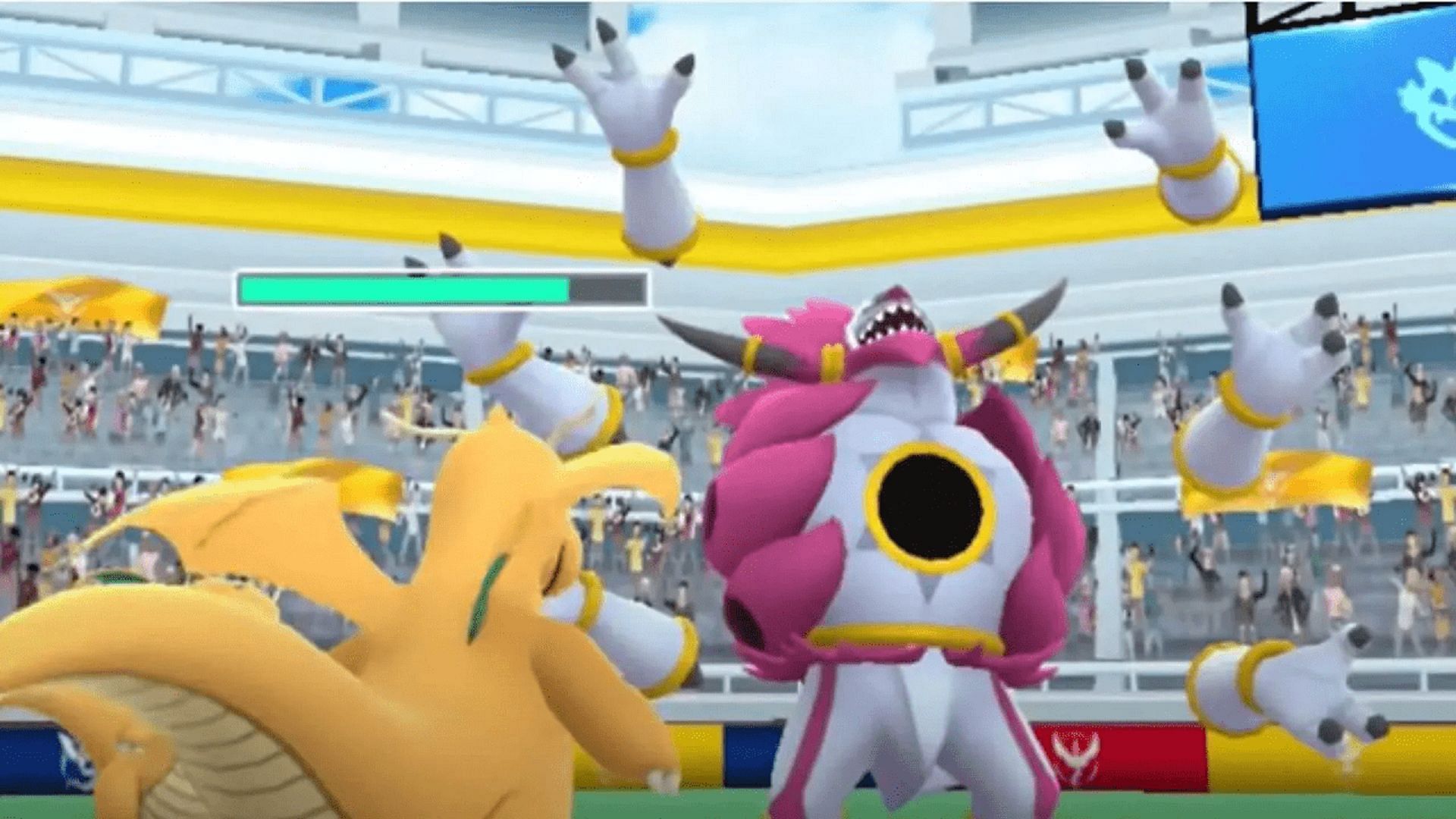 Dragonite battles Unbound Hoopa in a Pokemon GO Elite Raid (Image via Niantic)