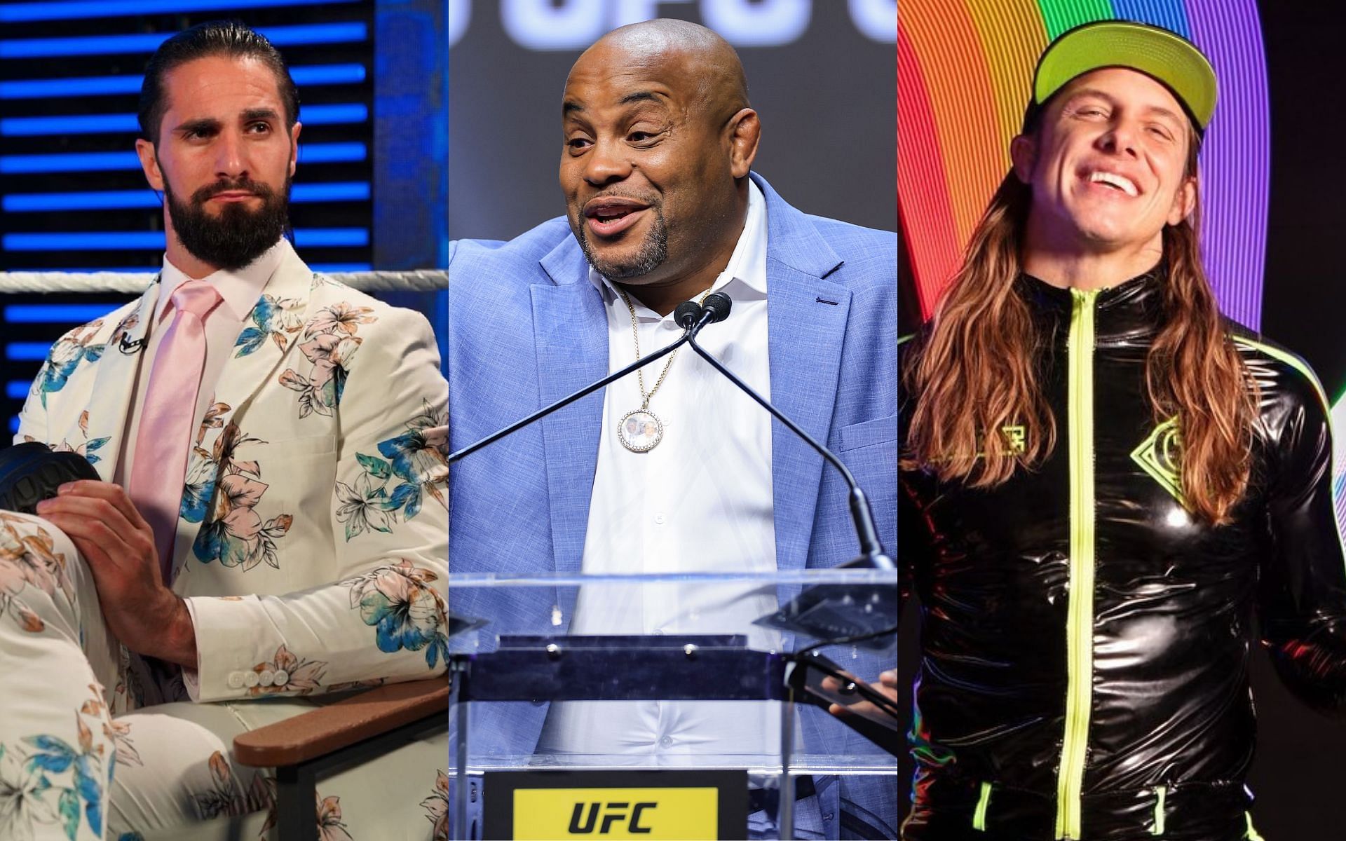 Seth Rollins (Left), Daniel Cormier (Middle), and Matt Riddle (Right) [Image courtesy: @wwerollins Instagram, Getty Images, and @riddlebro Instagram]