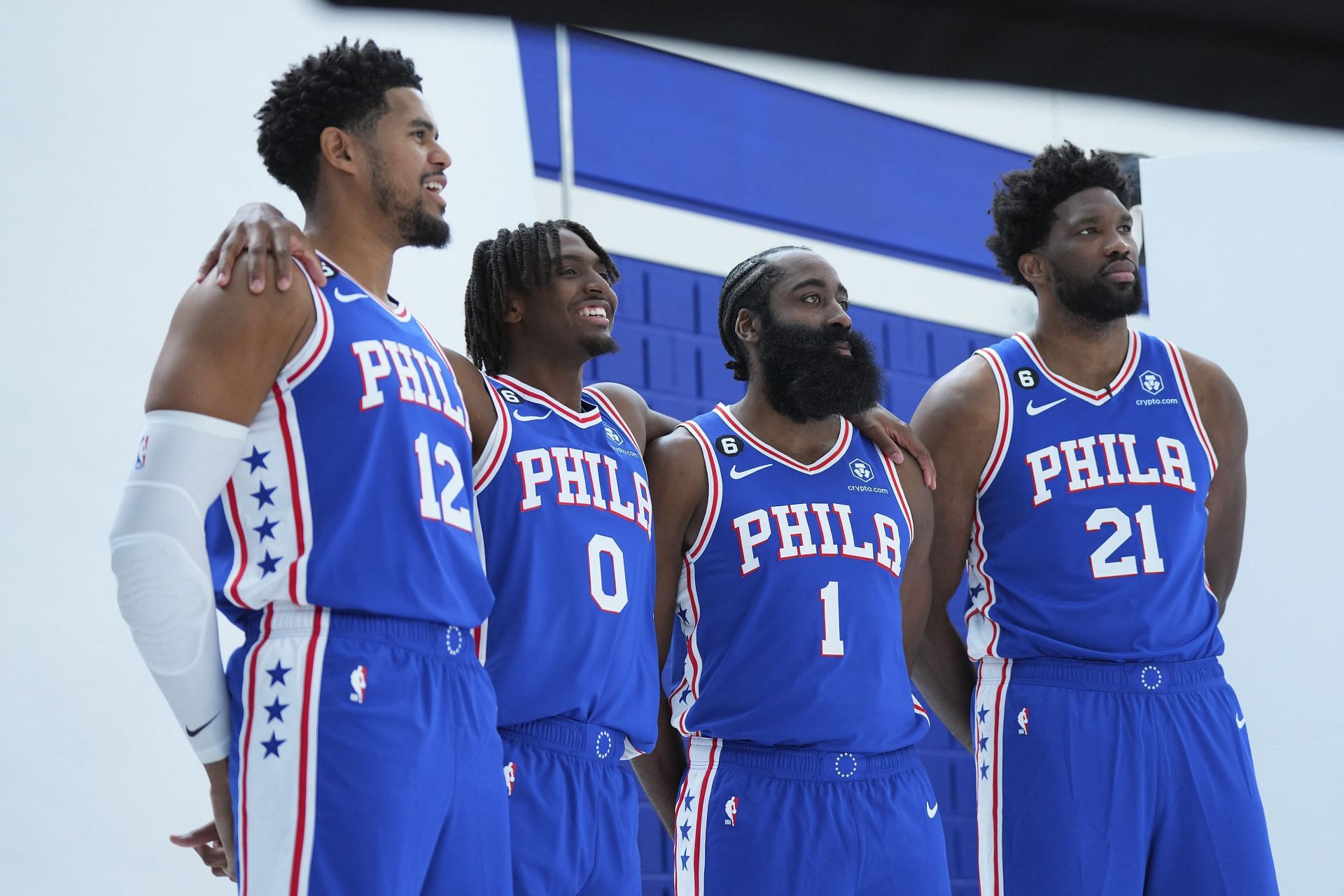 (L-R) Tobias Harris, Tyrese Maxey, James Harden, and Joel Embiid of the Philadelphia 76ers