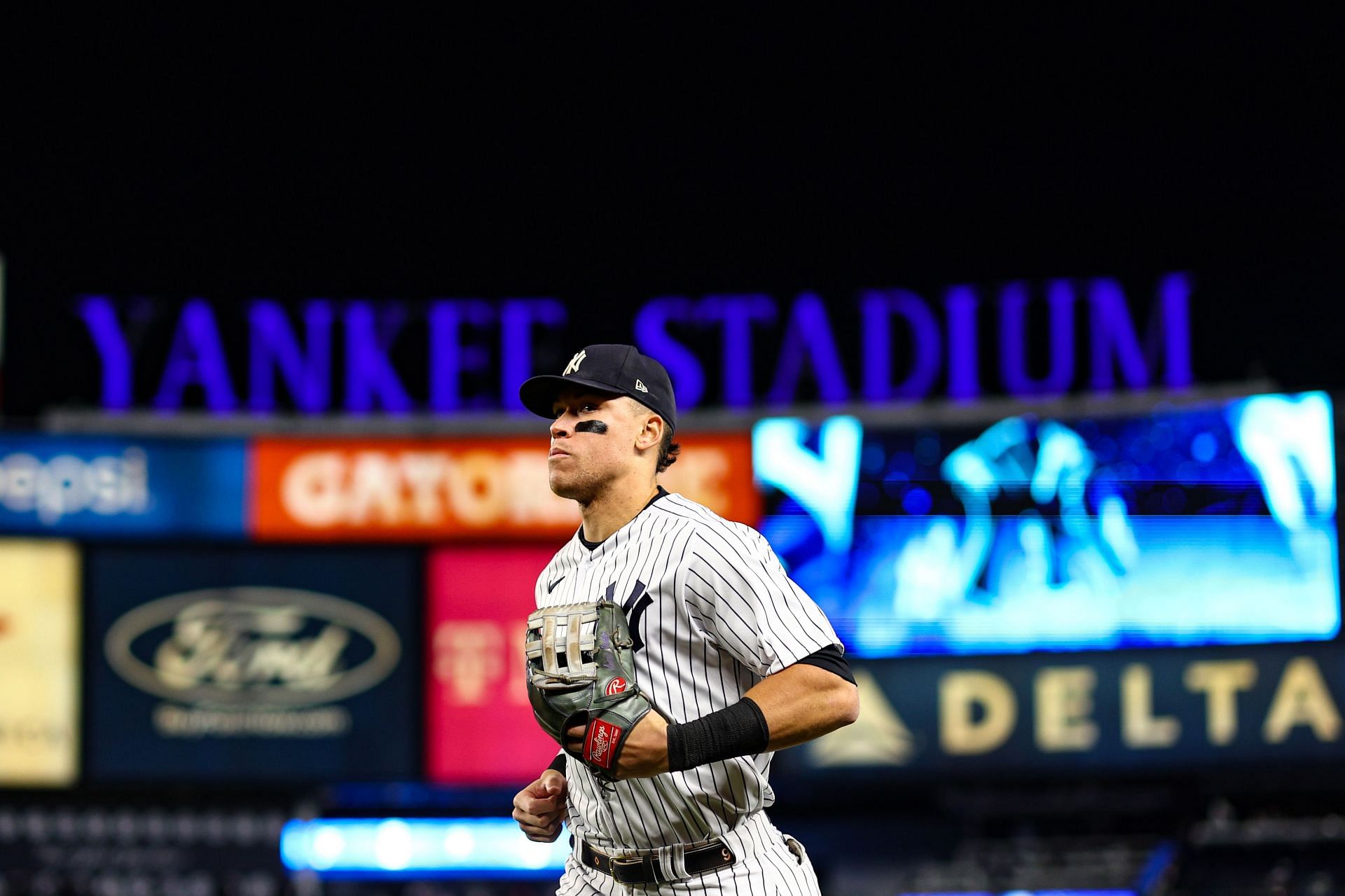 Aaron Judge of the New York Yankees runs to the dugout at Yankee Stadium.