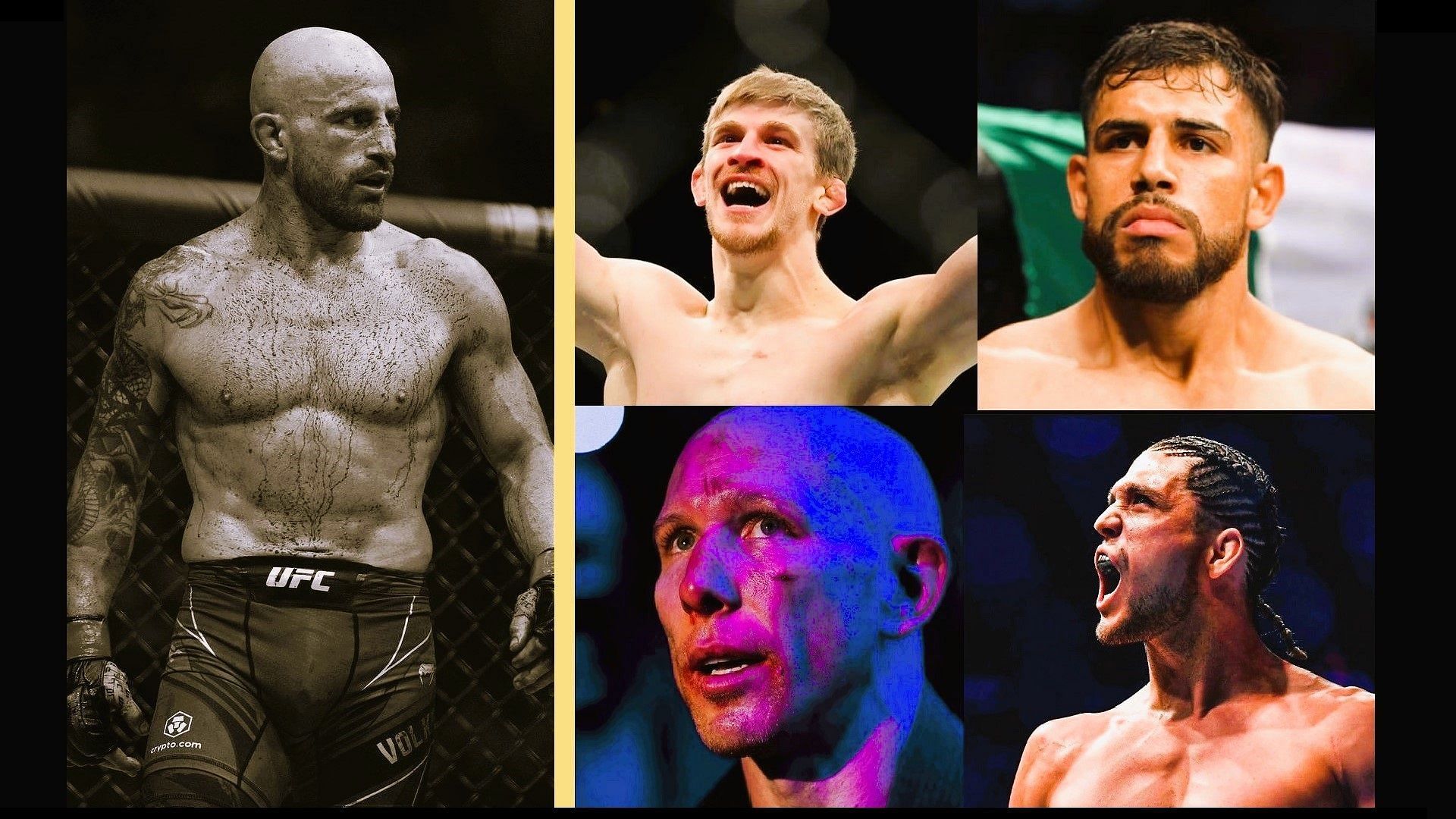 Clockwise from left: Alexander Volkanovski, Arnold Allen, Yair Rodriguez, Brian Ortega, Josh Emmett [Images via @alexvolkanovski @arnoldbfa @panteraufc @briantcity &amp; @joshemmettufc on Instagram]