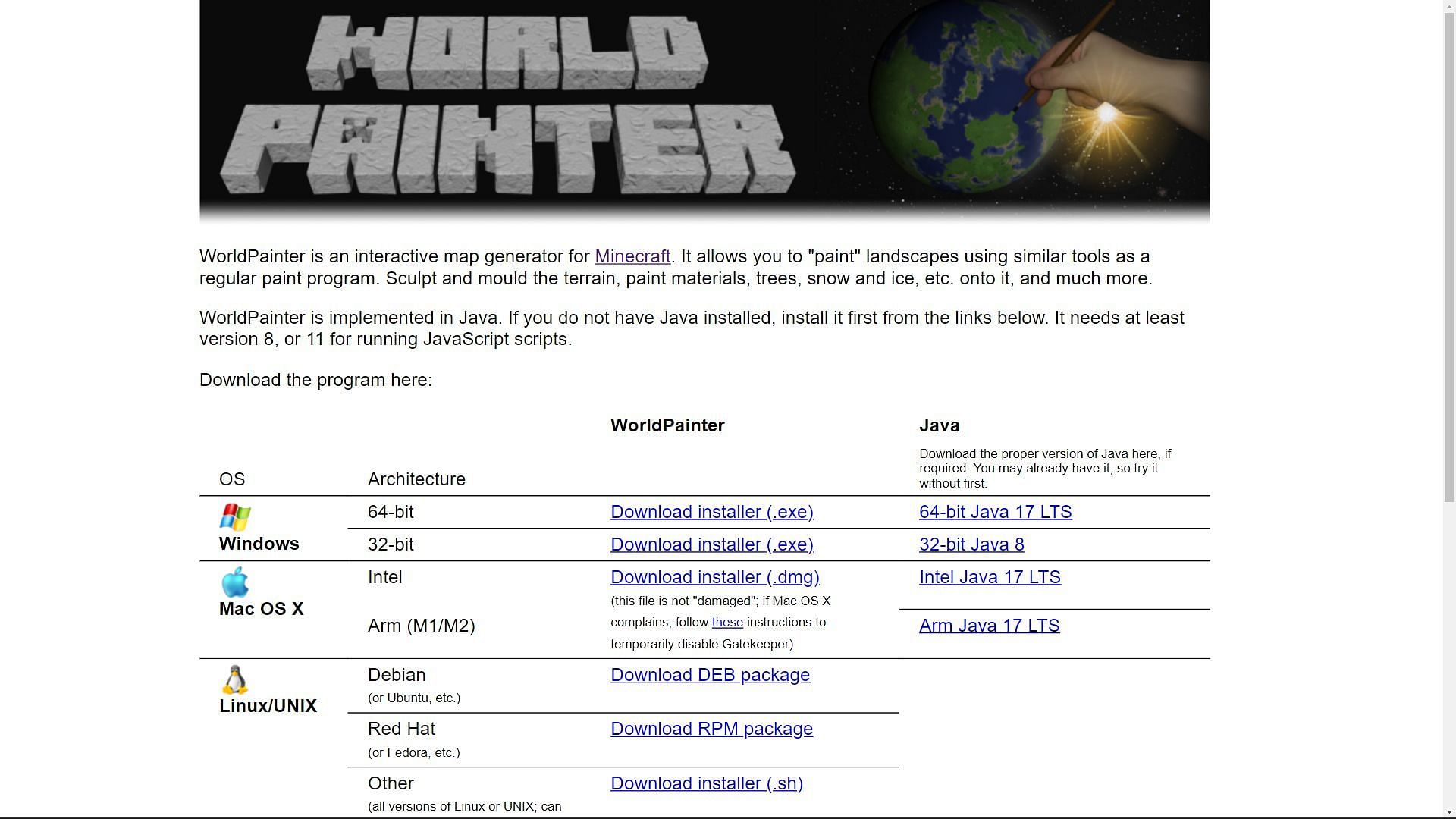 Officiële WorldPainter voor Minecraft-website met alle downloadlinks voor verschillende platforms (Afbeelding via Sportskeeda)