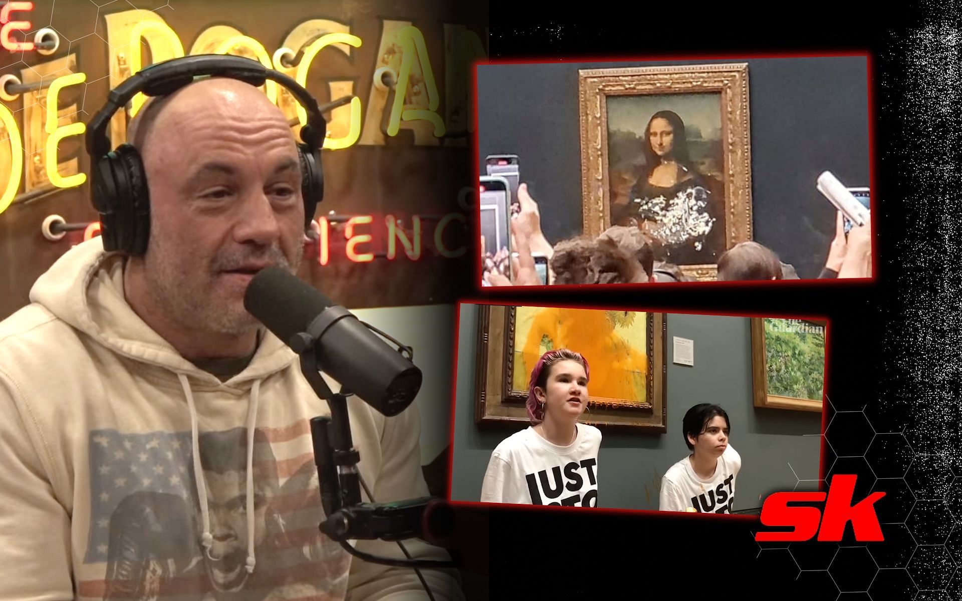  Joe Rogan discusses climate change activists vandalising famous paintings. [Image credits: YouTube/PowerfulJRE; LiveMint; The Guardian]