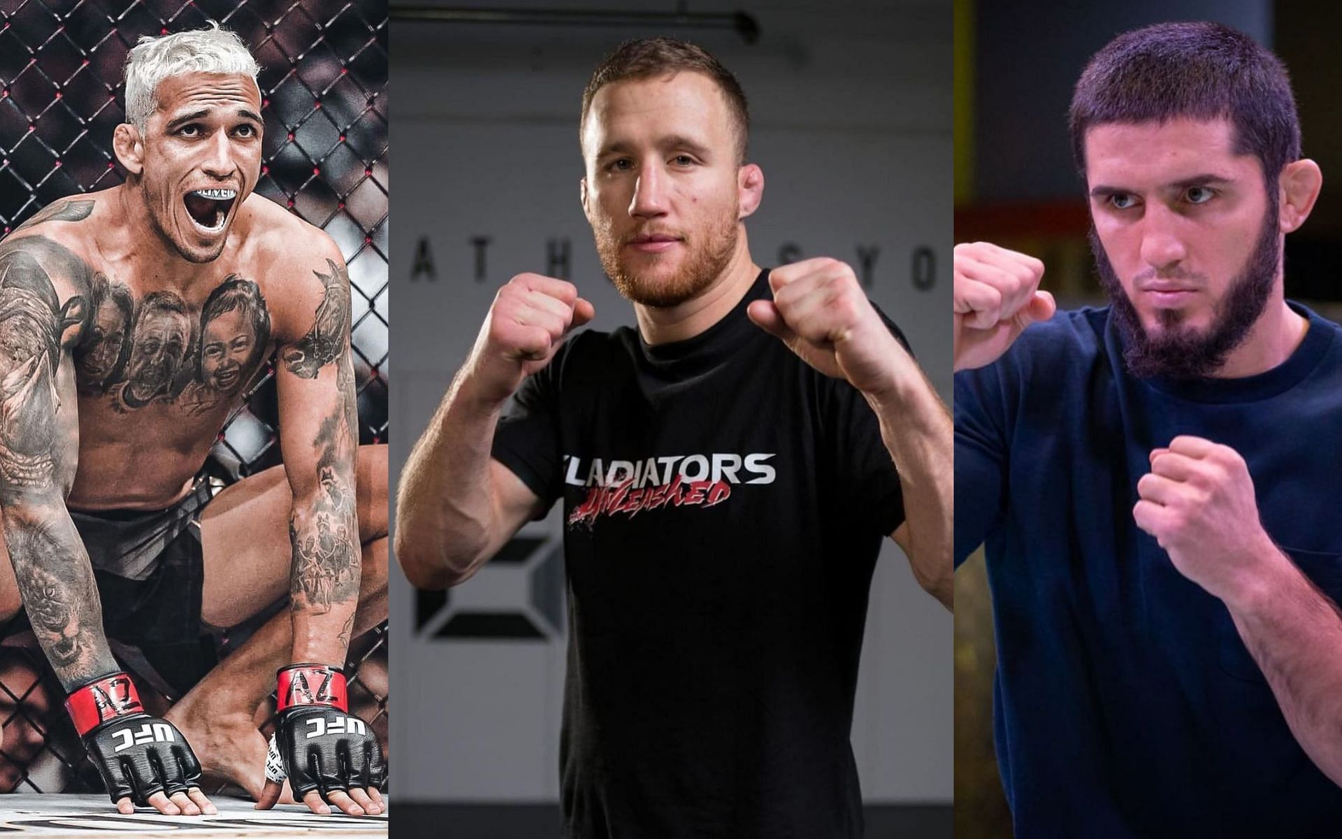 Left to right: Charles Oliveira, Justin Gaethje and Islam Makhachev [Images via: @charlesdobronxs, @justin_gaethje, and @islam_makhachev on Instagram]