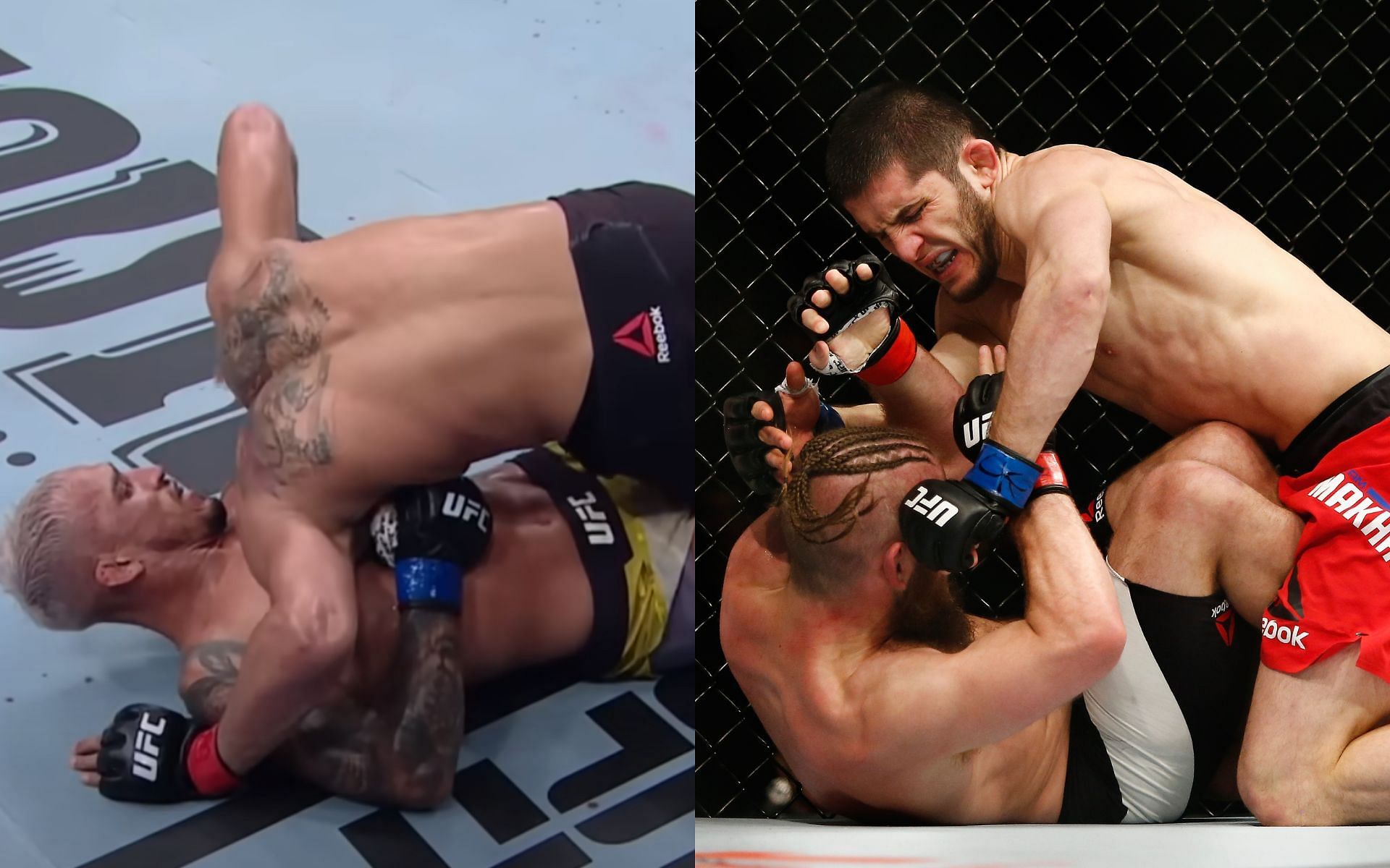 Charles Oliveira submitting Kevin Lee from the bottom position (Left), Islam Makhachev landing ground and pound on Nik Lentz from the top position (Right) [Image courtesy: UFC YouTube channel and Getty Images]