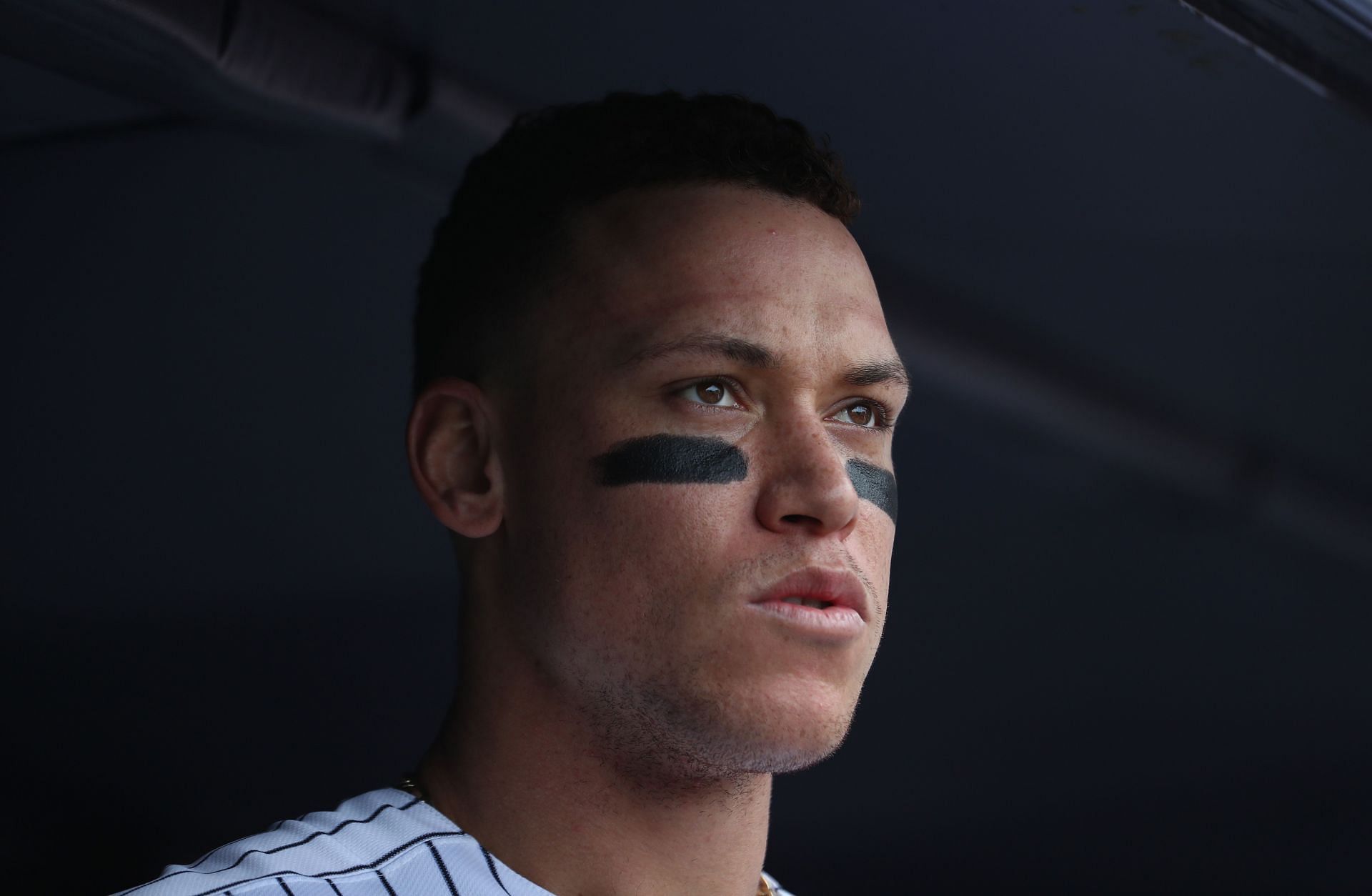 Aaron Judge looks on against the New York Mets during their game at Yankee Stadium