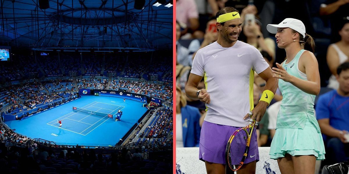 Rafael Nadal and Iga Swiatek during an exhibition event at 2022 US Open (R).