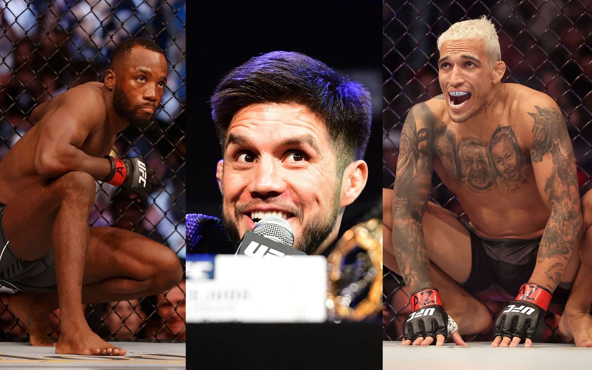 Leon Edwards (left), Henry Cejudo (middle) and Charles Oliveira (right)