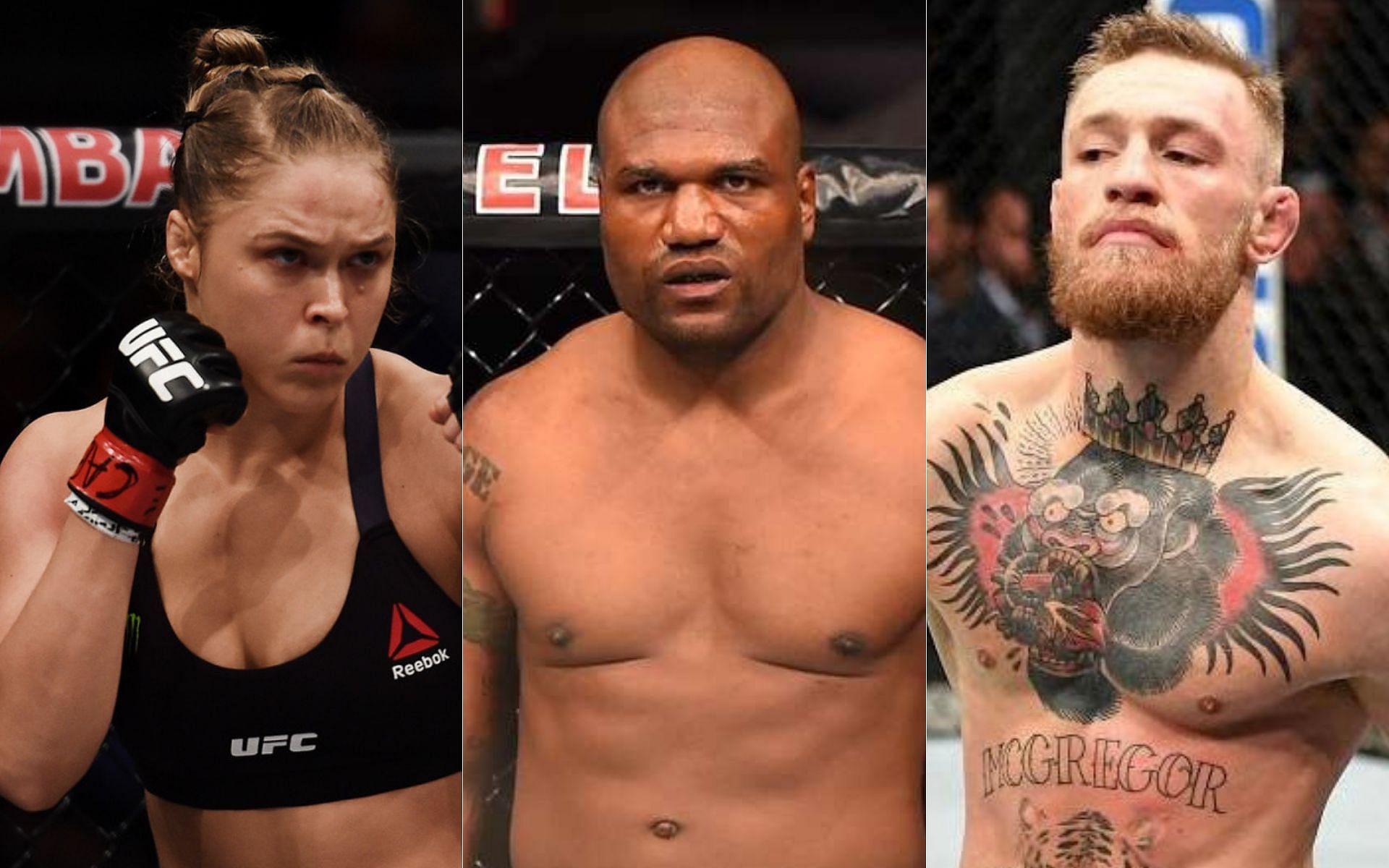 Ronda Rousey (left), Rampage Jackson (centre), Conor McGregor (right)