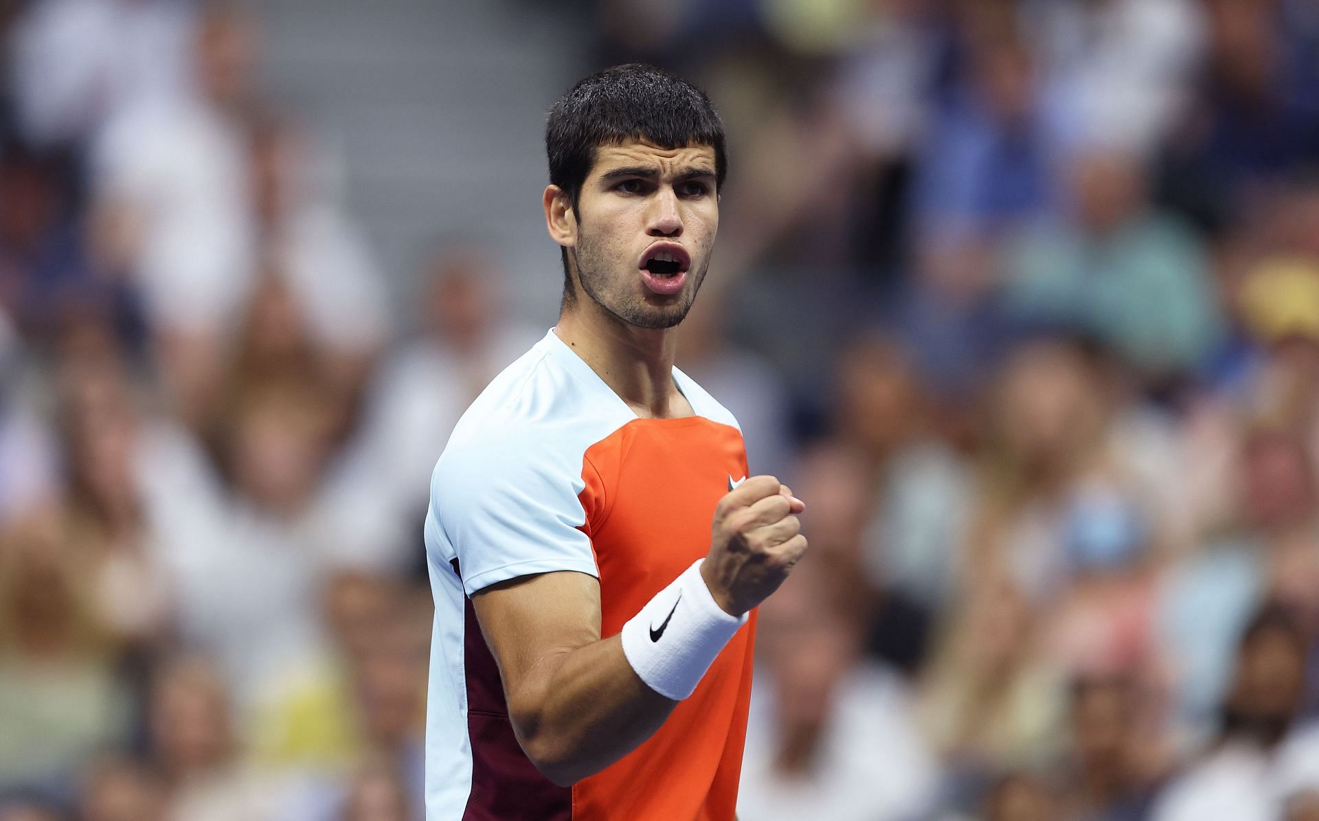 Carlos Alcaraz celebrates a point at the 2022 US Open - Day 14