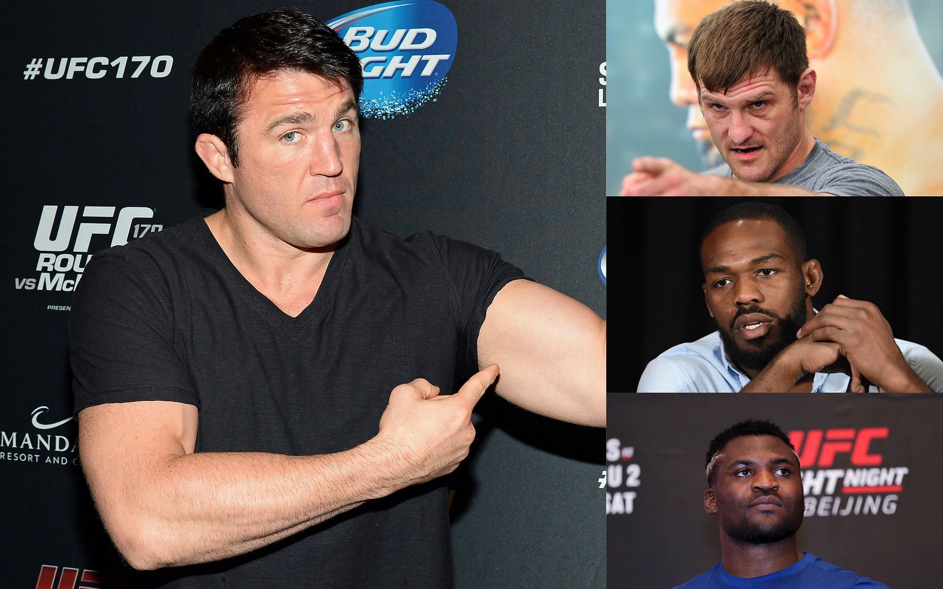 Chael Sonnen (Left), Stipe Miocic (Top Right), Jon Jones (Center-Right), and Francis Ngannou (Bottom Right)