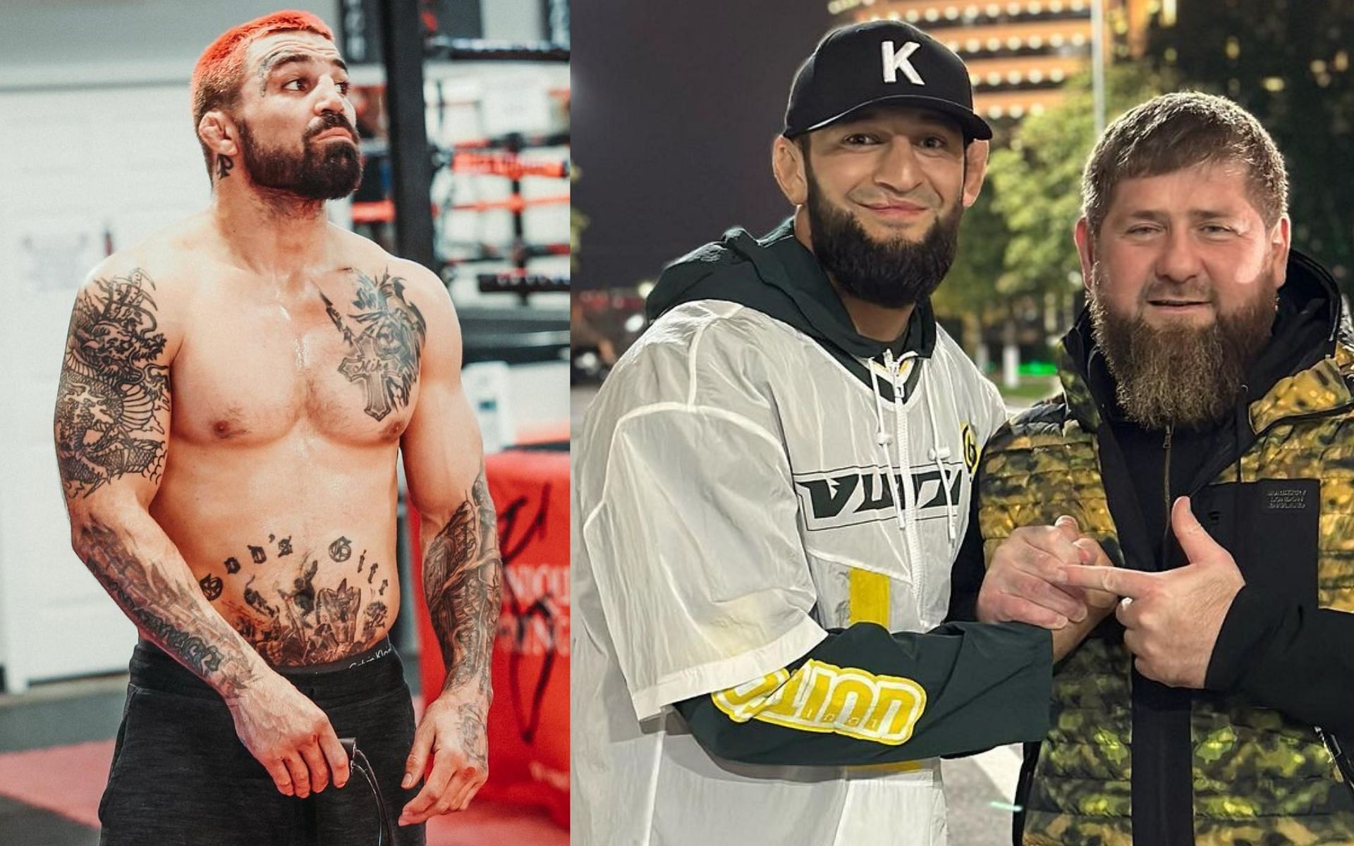 Mike Perry (Left) and Khamzat Chimaev with Ramzan Kadyrov (Right) [Images via: @platinummikeperry and @khamzat_chimaev on Instagram]