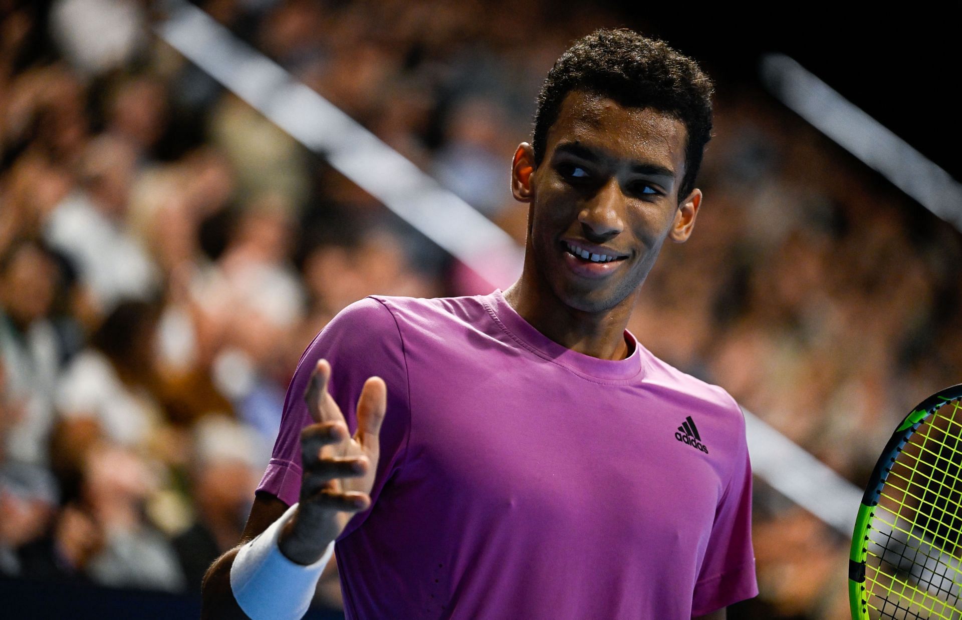 Felix Auger-Aliassime in action at the Swiss Indoors Basel.