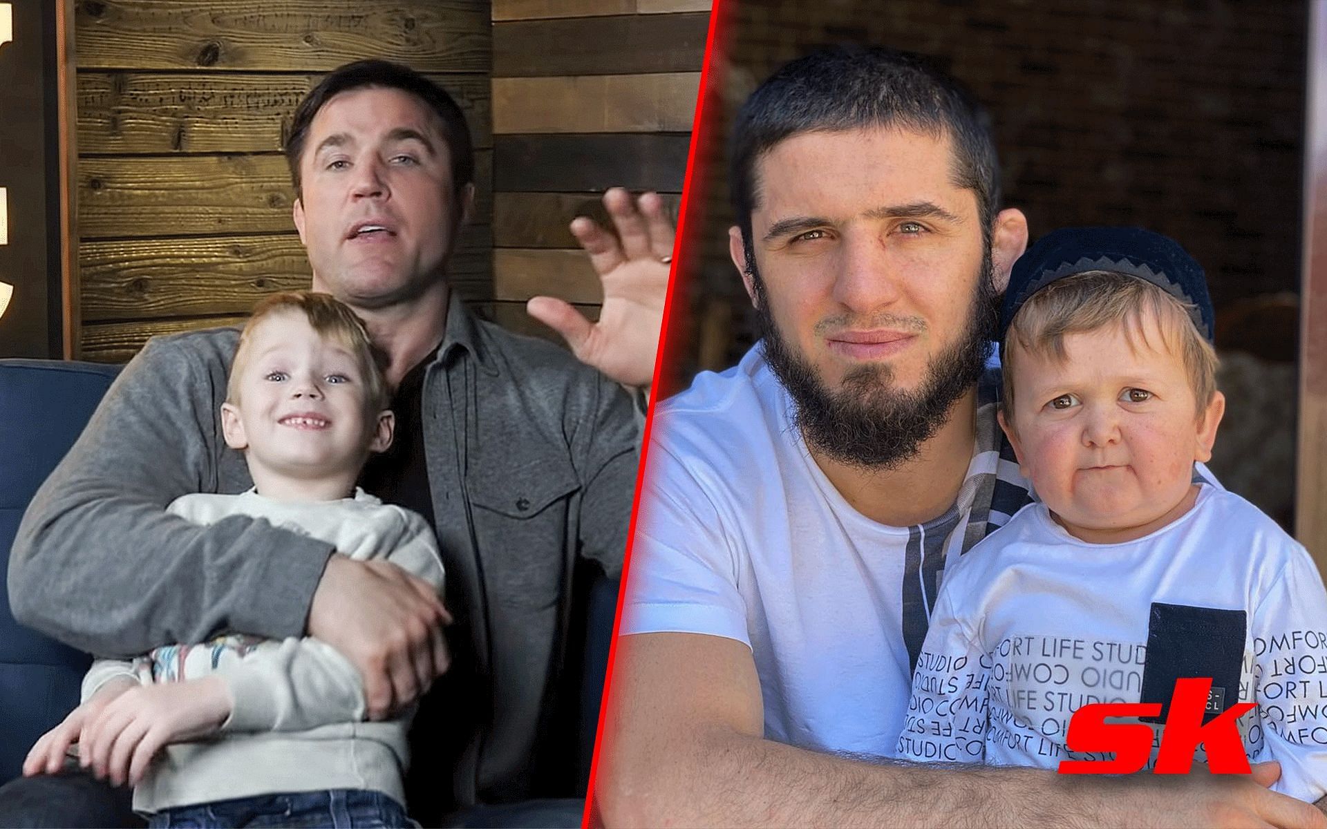 Chael Sonnen &amp; his son (left); Islam Makhachev &amp; Hasbulla (right) [Photo credit: Chael Sonnen on YT, @hasbulla.hushetskiy on IG]