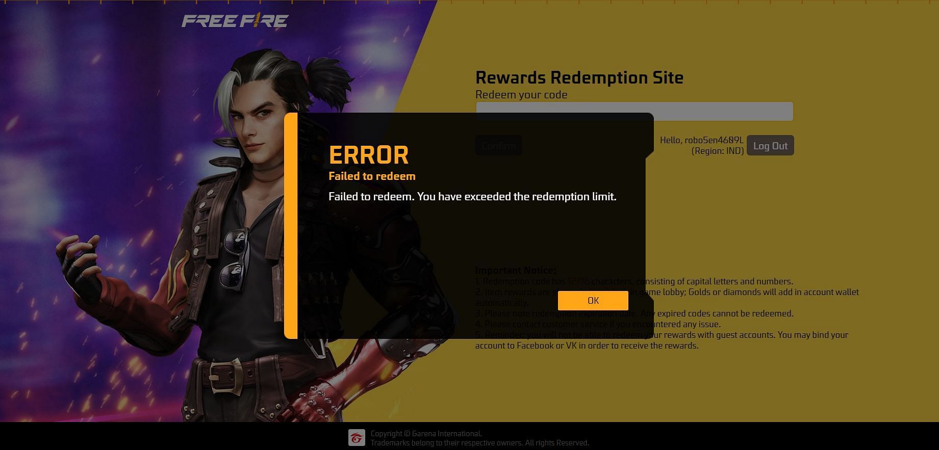 Error pop-up due to an invalid redemption code (Image via Garena)