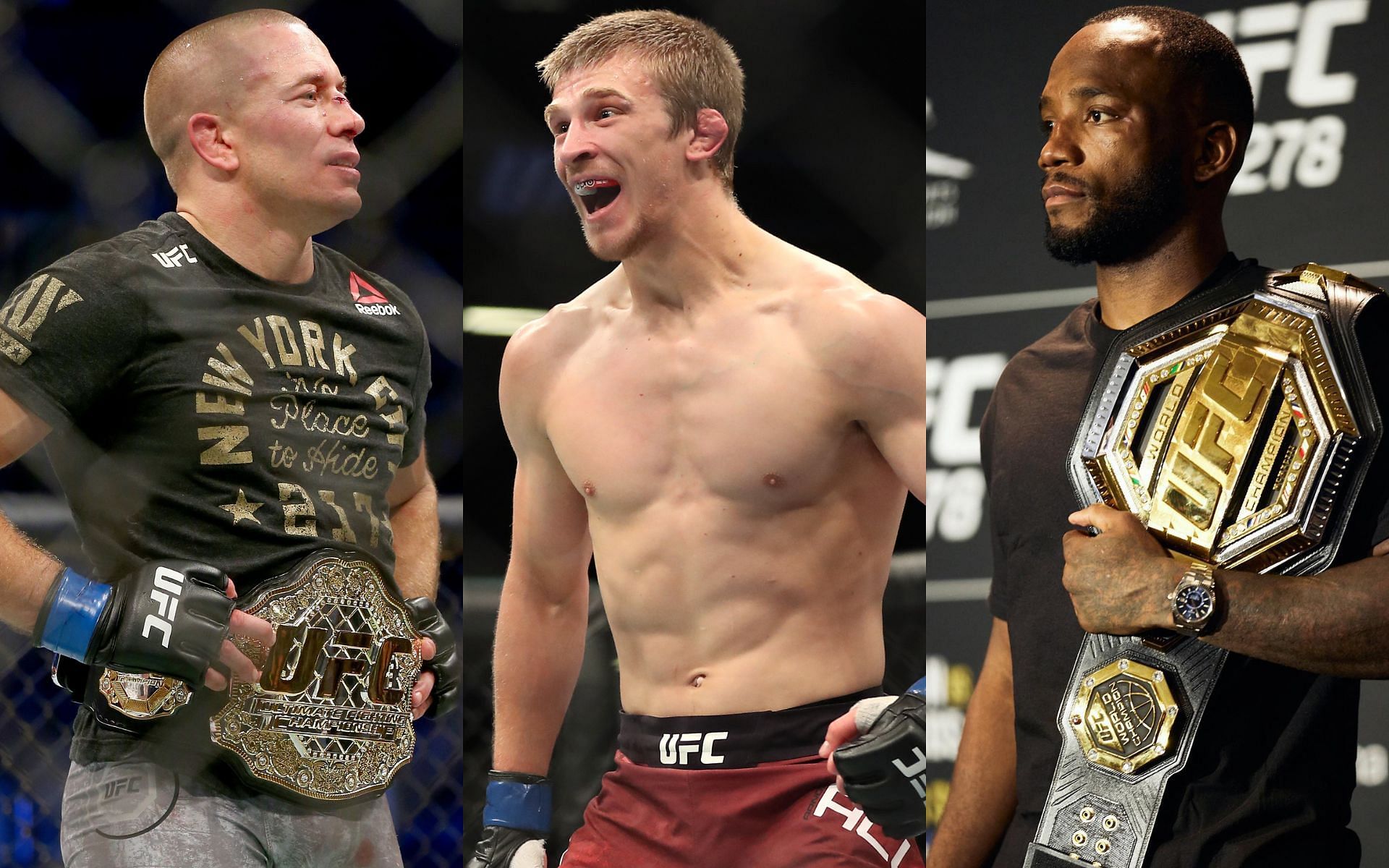 Georges St-Pierre (Left), Arnold Allen (Middle), and Leon Edwards (Right) [Image courtesy: left and middle images via Getty Images and right image via @leonedwardsmma Instagram]