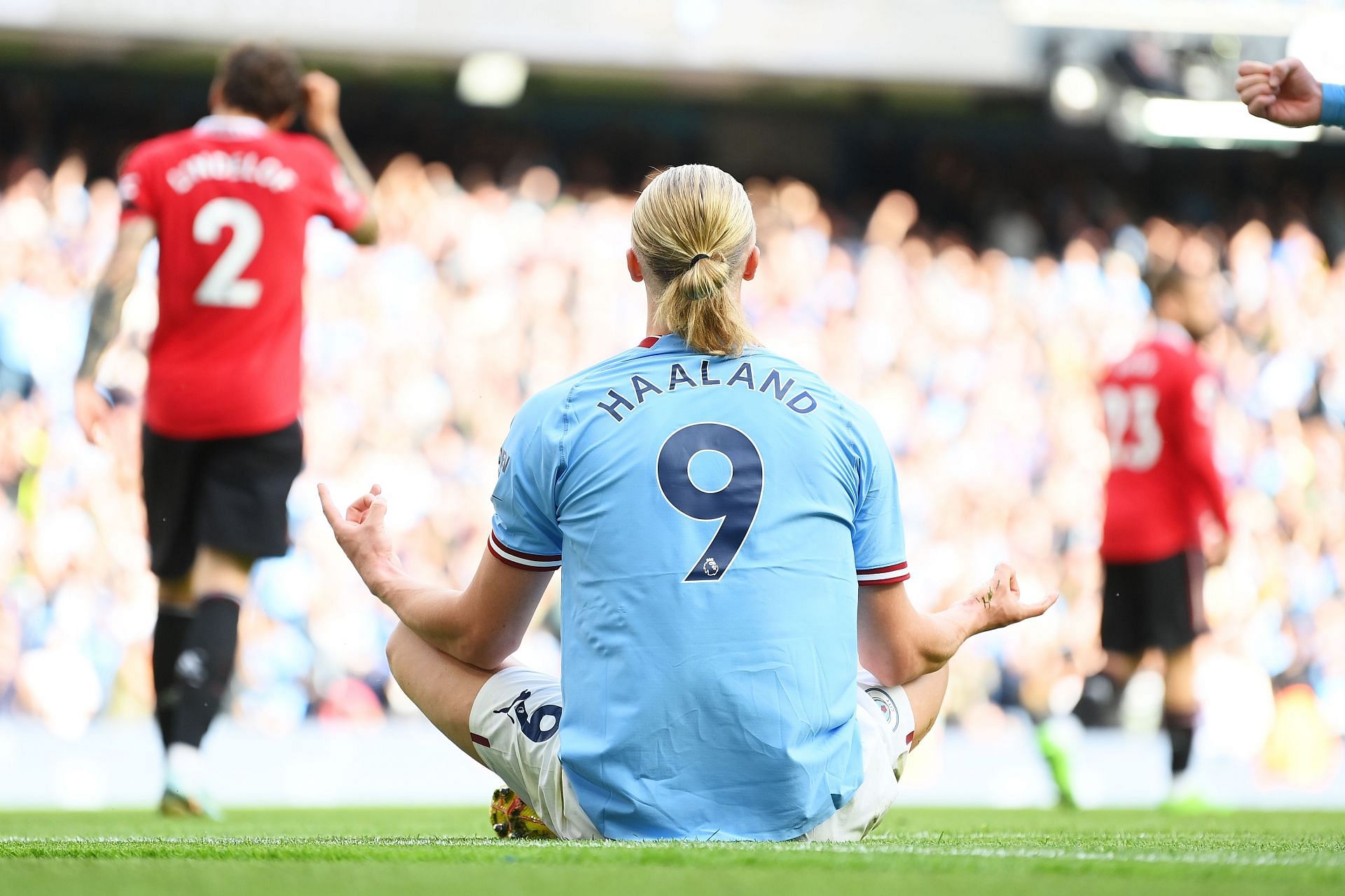 Erling Haaland celebrates his hat-trick vs. Man Utd